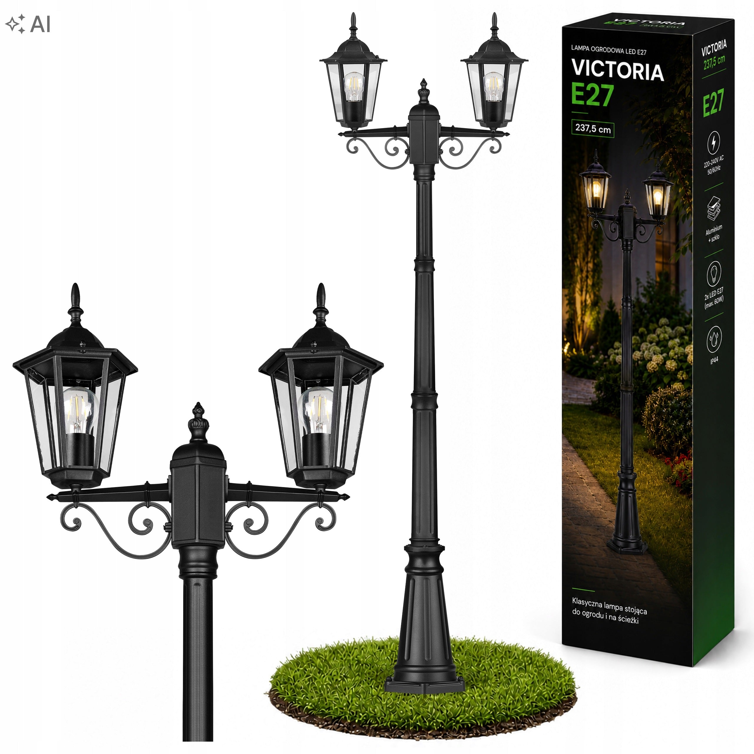 LED Garden Lamp 227cm Standing Outdoor Lantern 2x E27 Post POLE