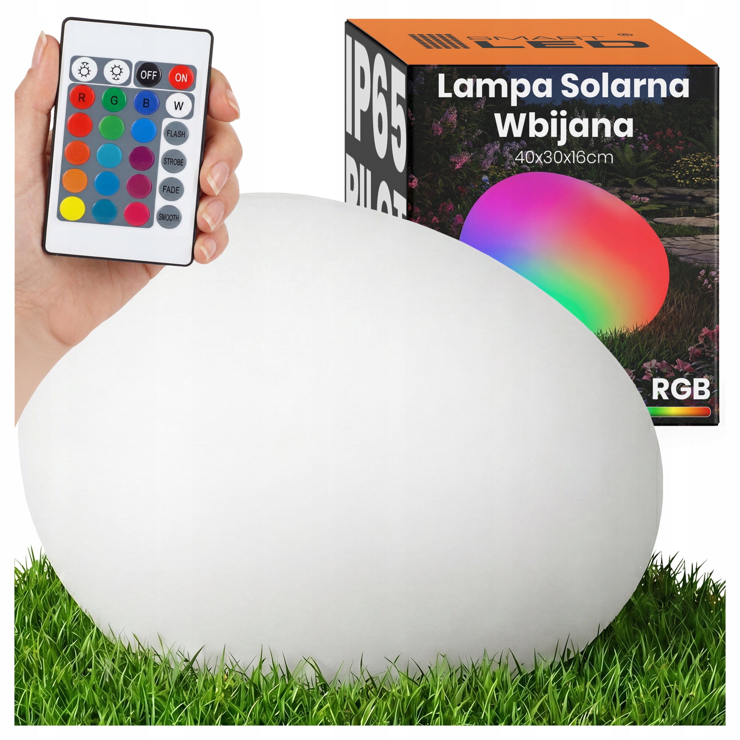 LED Garden Lamp Solar Oval Stone White RGB Remote Control Punched 40cm