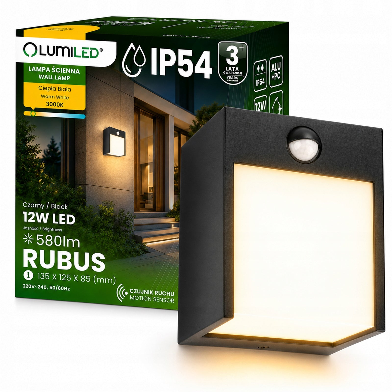 LED Garden Wall Lamp Facade Wall Lamp Outdoor IP54 12W with Sensor