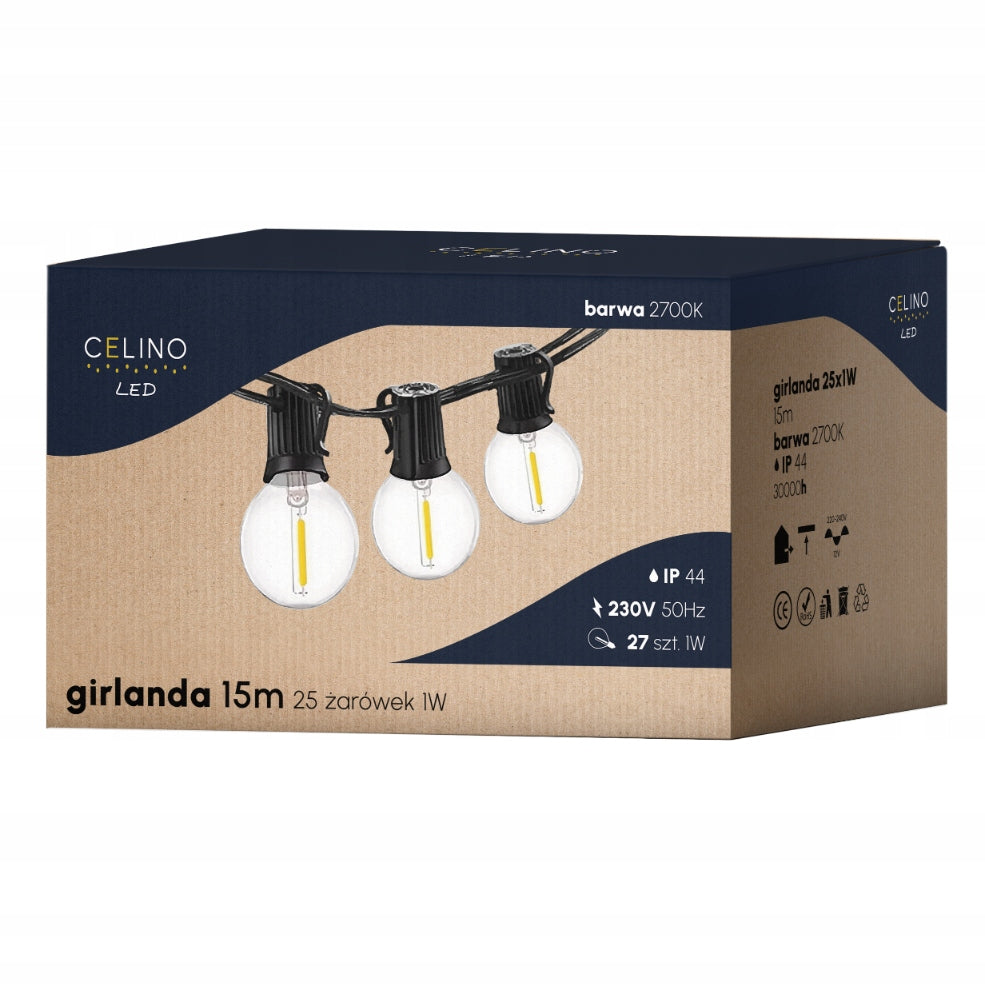 LED LIGHT GARDEN GARLAND 15M CHAIN 27x G40 BULBS + XXL CABLE Length 1500 cm