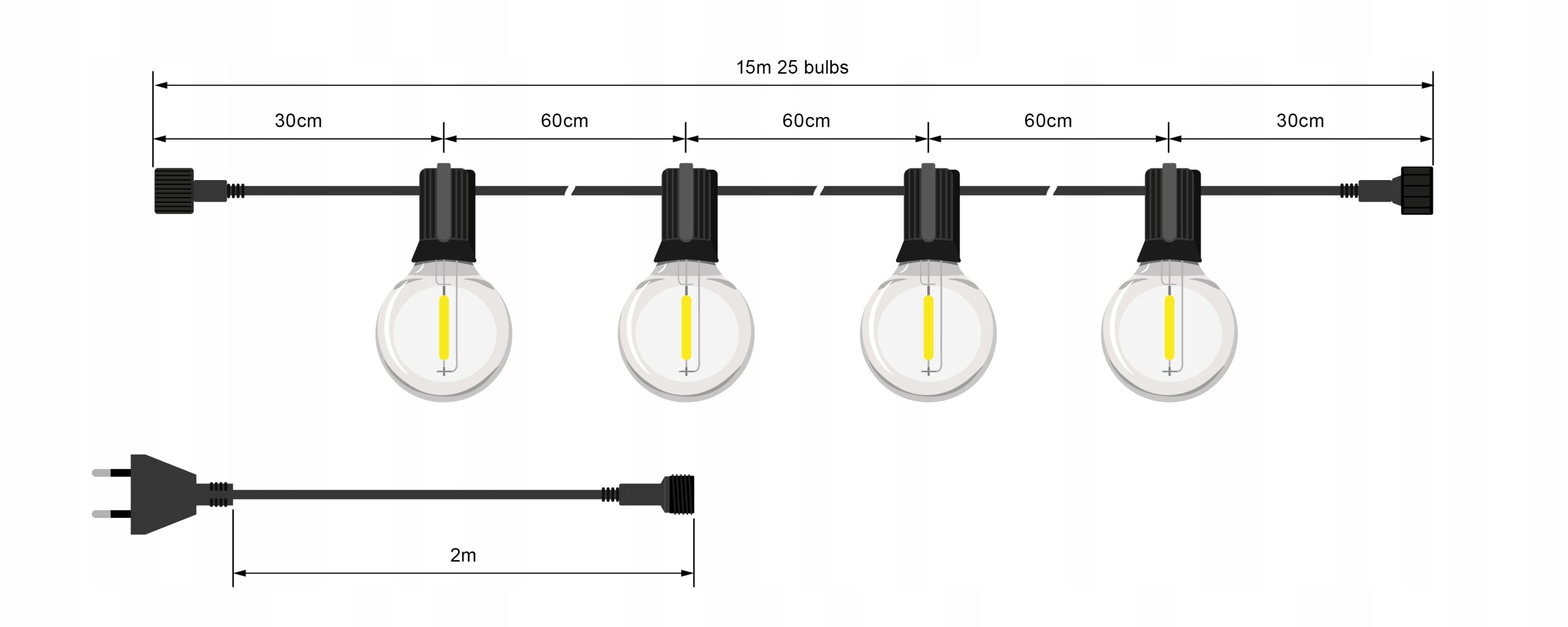 LED LIGHT GARDEN GARLAND 15M CHAIN 27x G40 BULBS + XXL CABLE Power supply mains