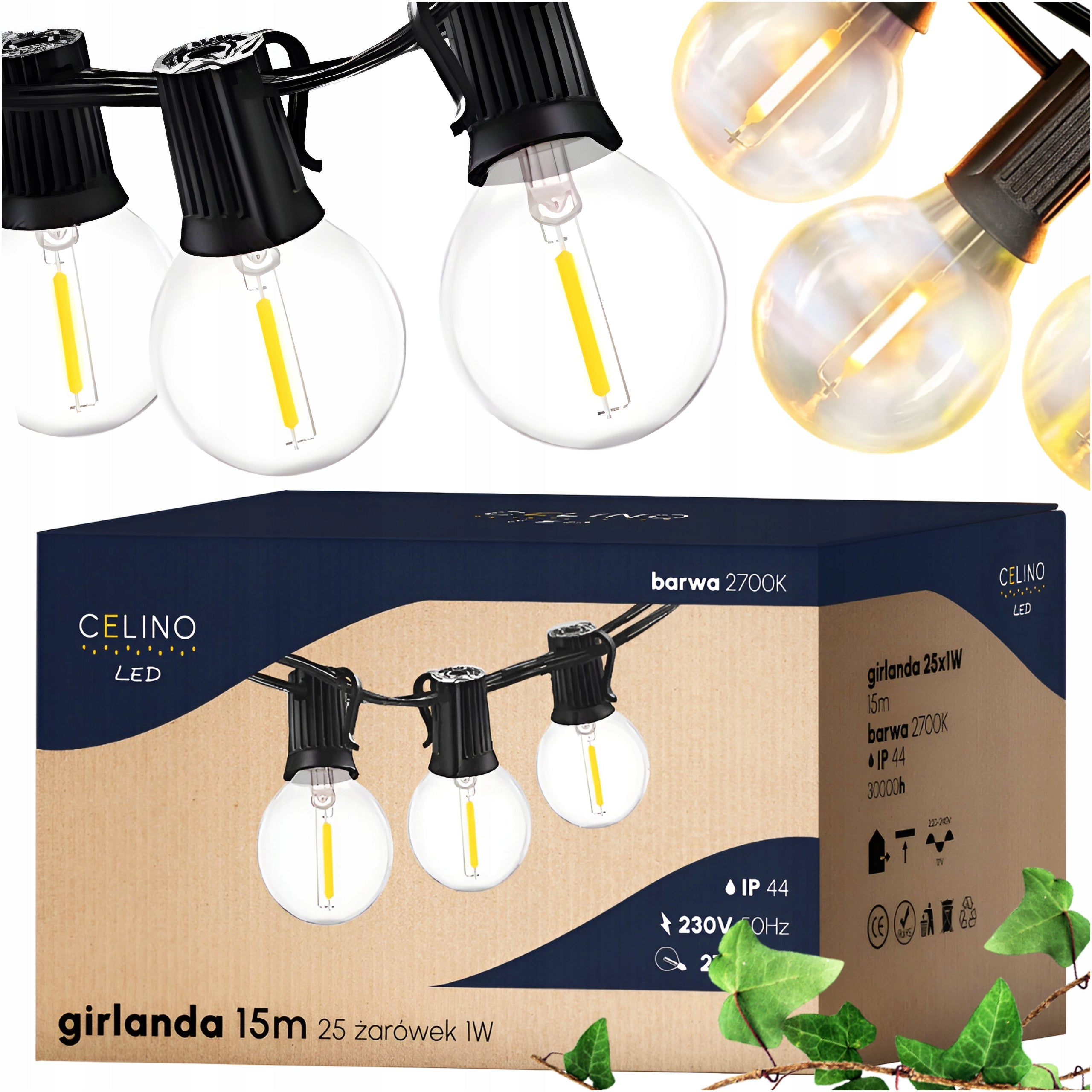 LED LIGHT GARDEN GARLAND 15M CHAIN 27x G40 BULBS + XXL CABLE