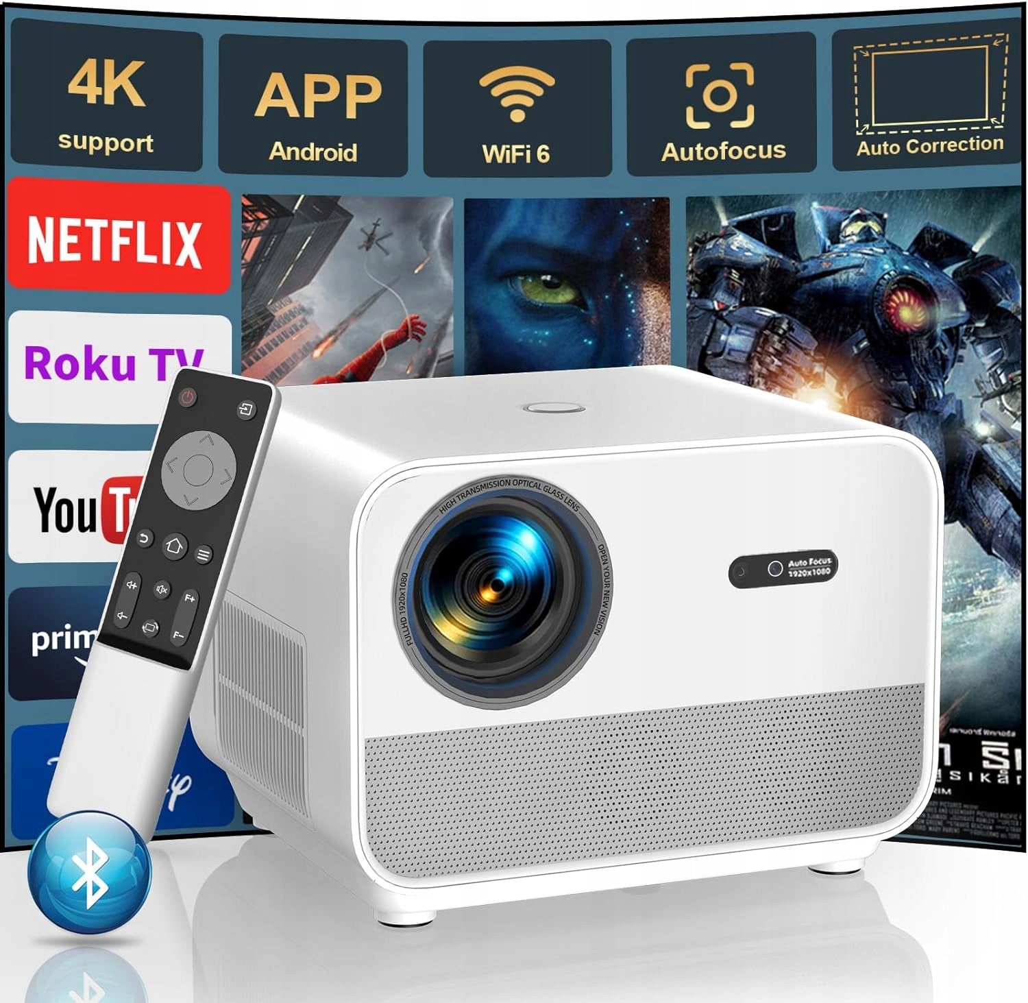 LED Projector YouTube NETFLIX AutoFocus FHD 4K WiFi BT PILOT