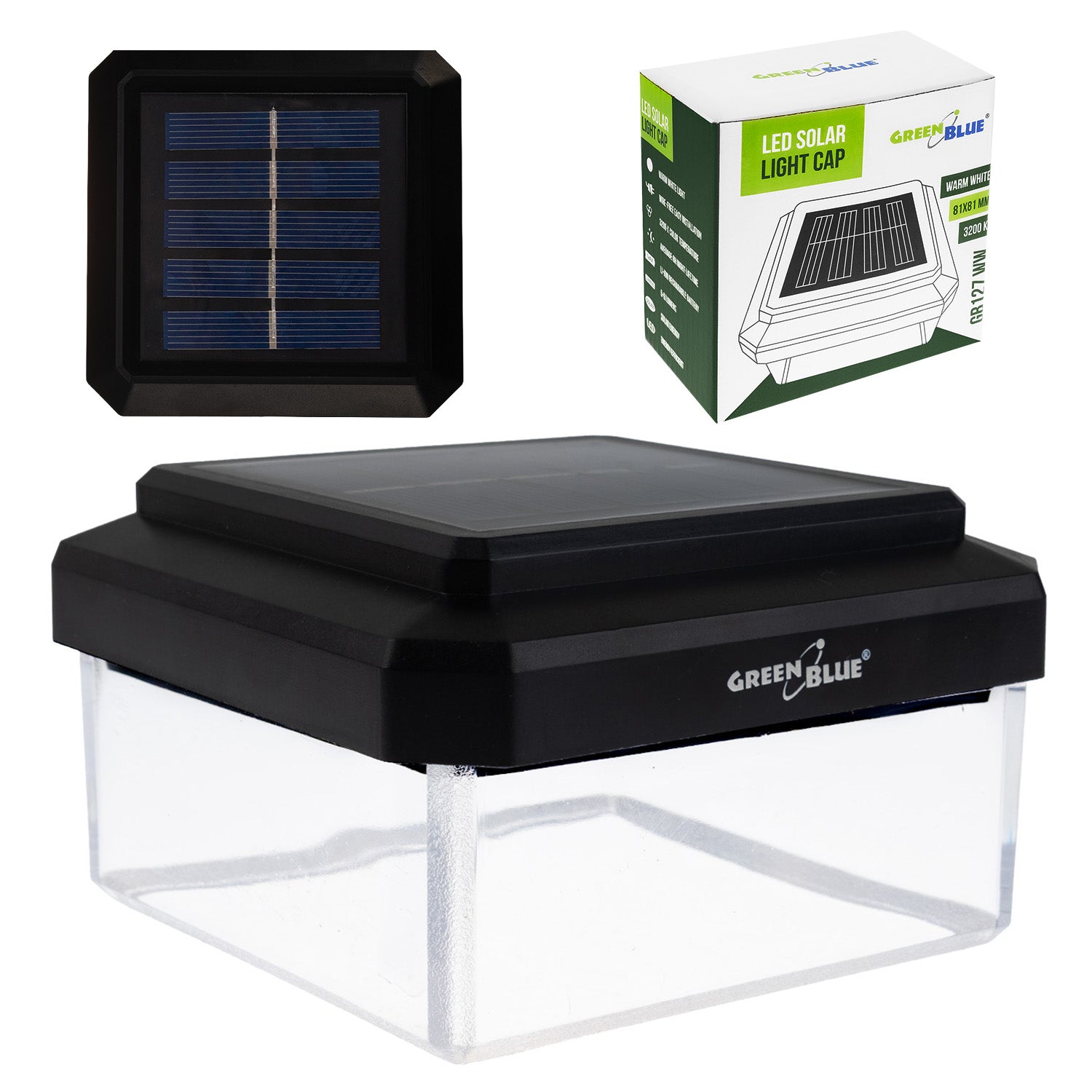 LED Solar lamp for post overlay 100x100mm cap 3200K heat color Packaging status original