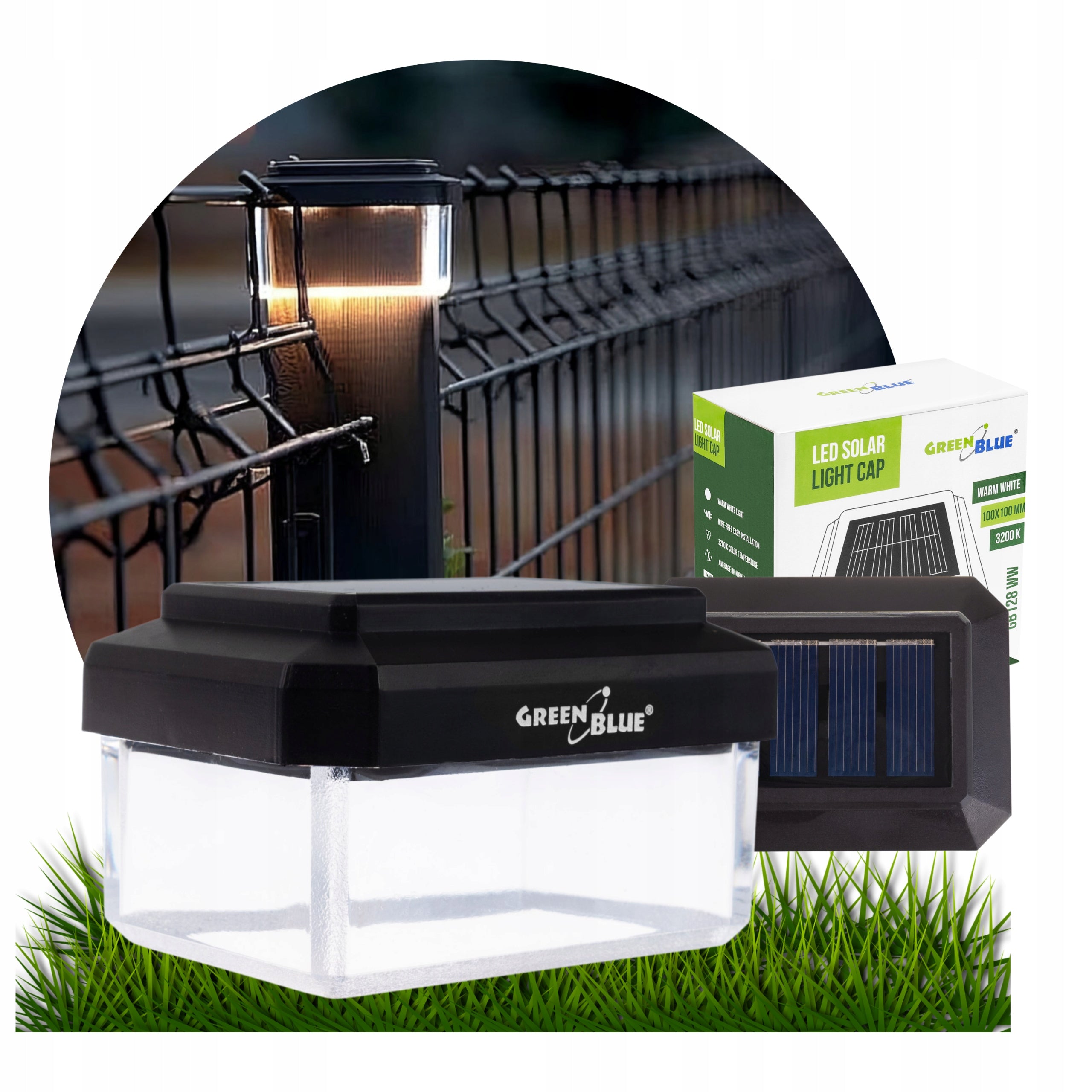 LED Solar lamp for post overlay 100x100mm cap 3200K heat color