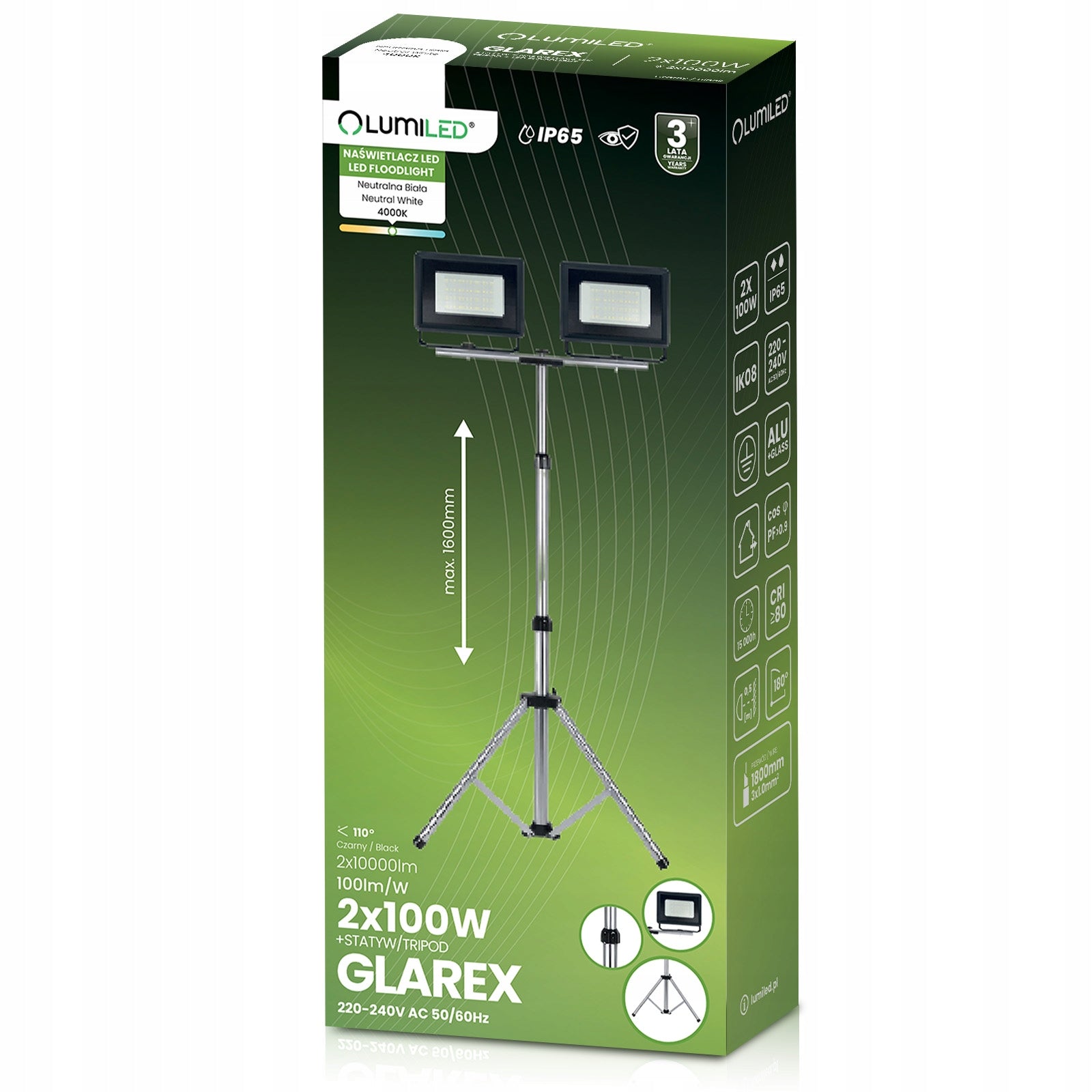 LED Tripod Floodlight 2x 100W Halogen Construction Working For Garage Brand Lumiled