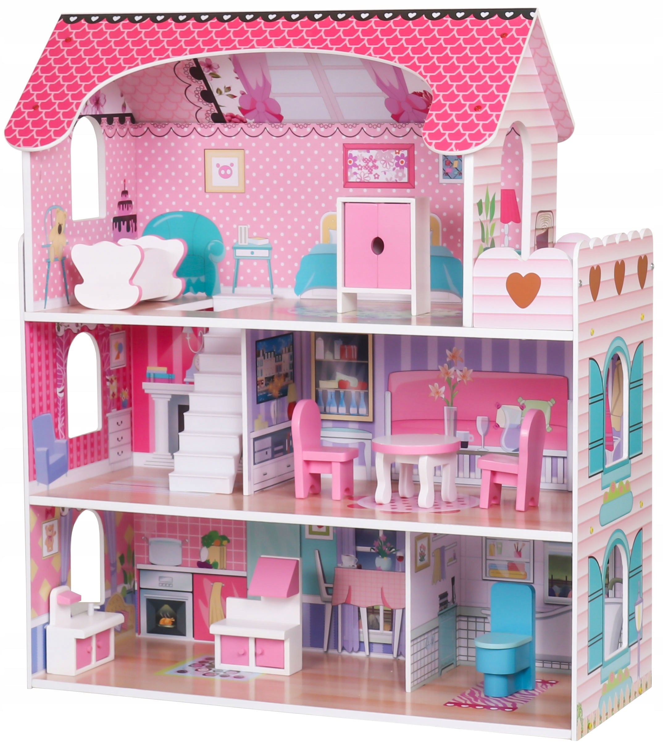 LED WOODEN DOLLHOUSE + Accessories 3 Levels LARGE Pink + FURNITURE Manufacturer code KX6484