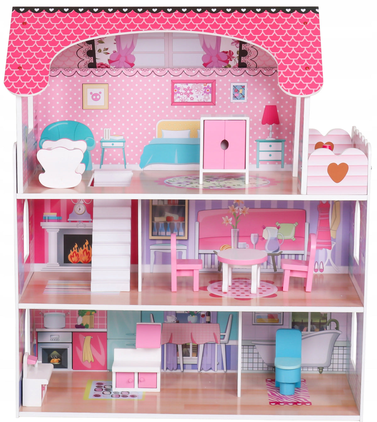 LED WOODEN DOLLHOUSE + Accessories 3 Levels LARGE Pink + FURNITURE Packaging status original