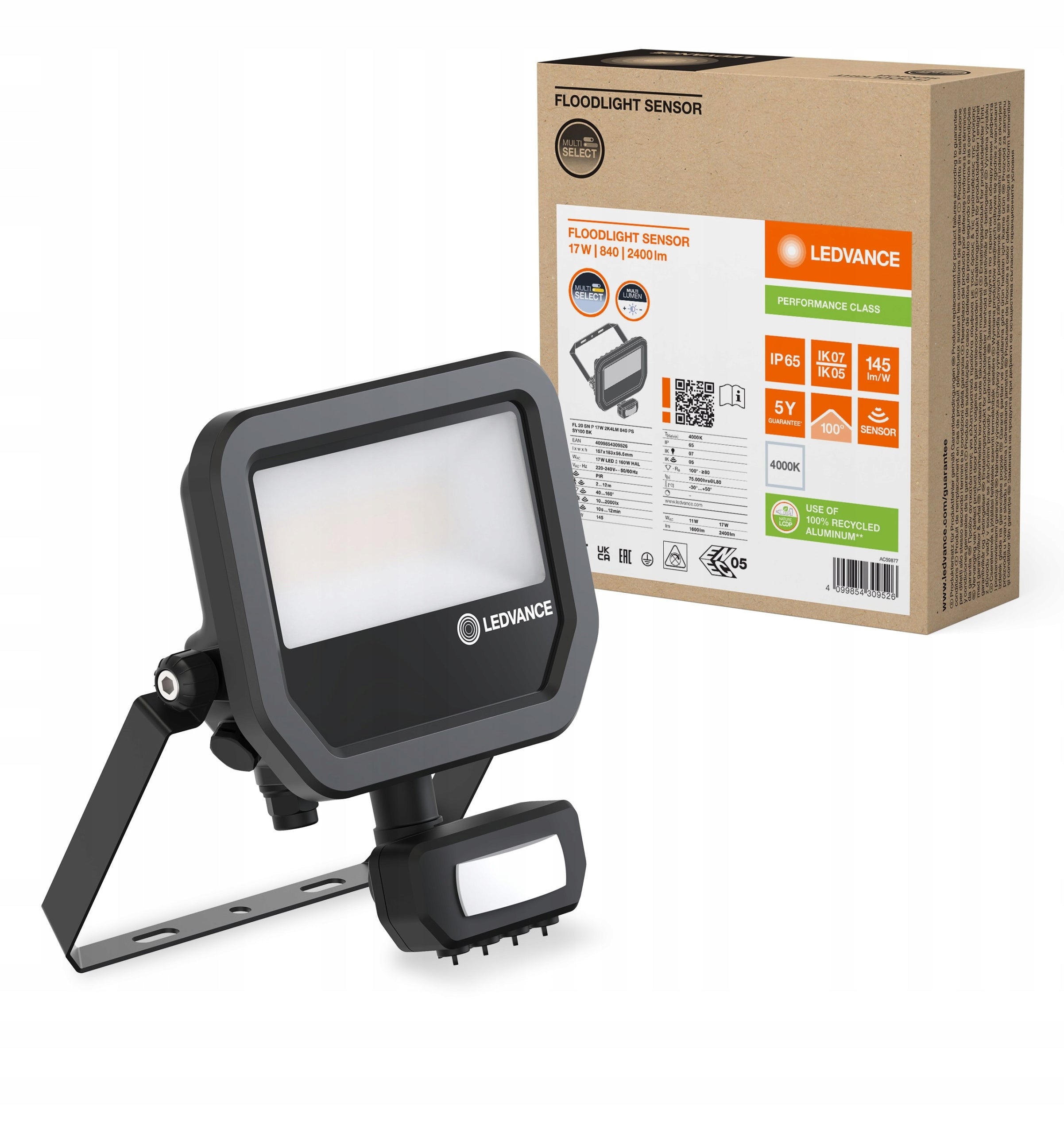 LED floodlight SENSOR 17W 4000K with adjustable flux 2400lm/1600lm