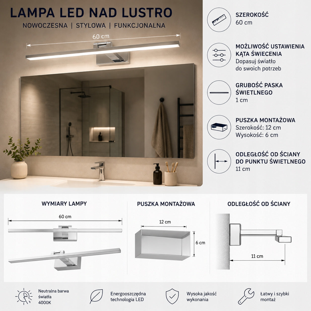 LED lamp over mirror Bathroom wall lamp 60cm*16W Manufacturer code KR425-1W