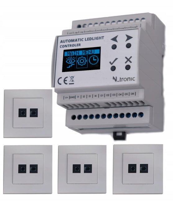LED stair controller with four white motion detectors.