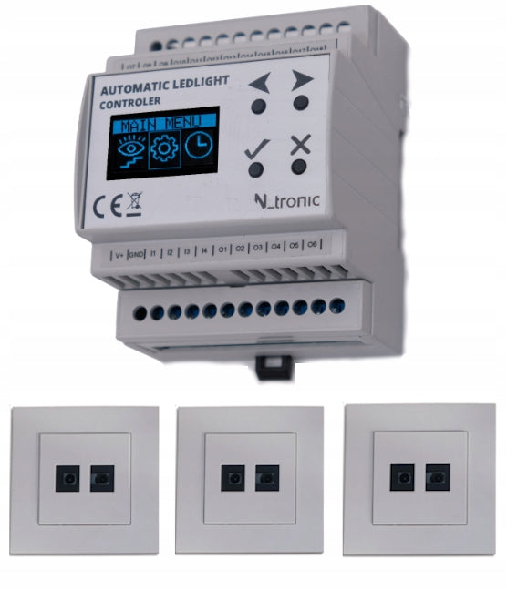 LED stair controller with two white motion detectors.