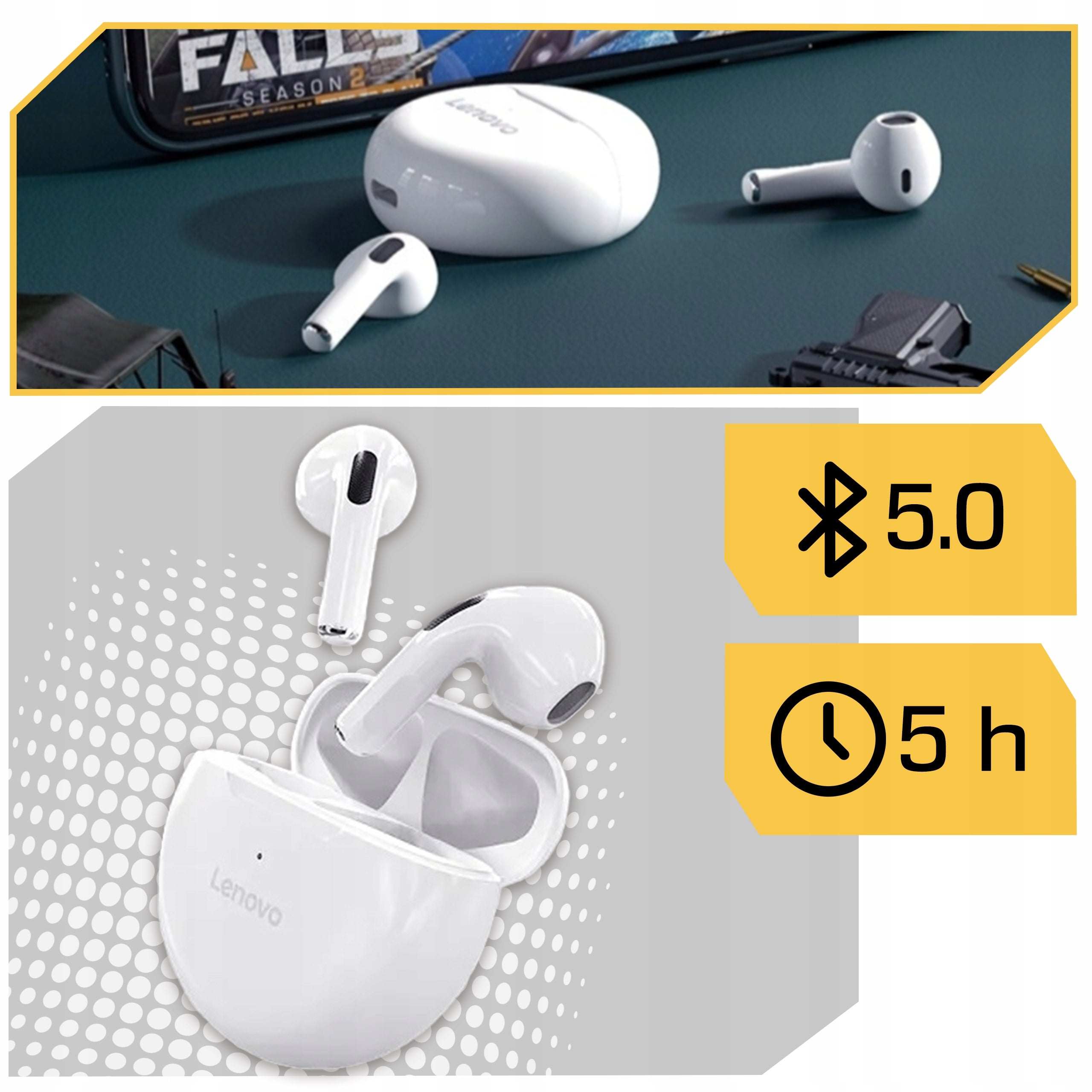 LENOVO WIRELESS HEADPHONES ORIGINAL WITH BLUETOOTH POWERBANK Manufacturer code LHT38/białe