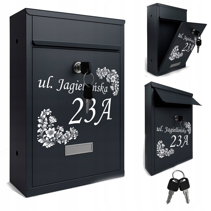 LETTERBOX WITH HOUSE NUMBER POSTAL ADDRESS A4 Black PATTERNS street Manufacturer code SKRZYNKA-Personalizacja-wzory-v1