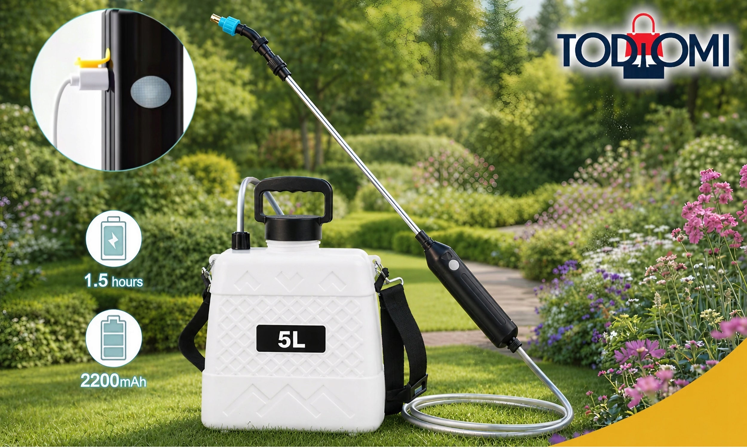 LIGHT CORDLESS GARDEN SPRAYER 5L USB-C SHOULDER + 3 NOZZLES Tank capacity 5 l