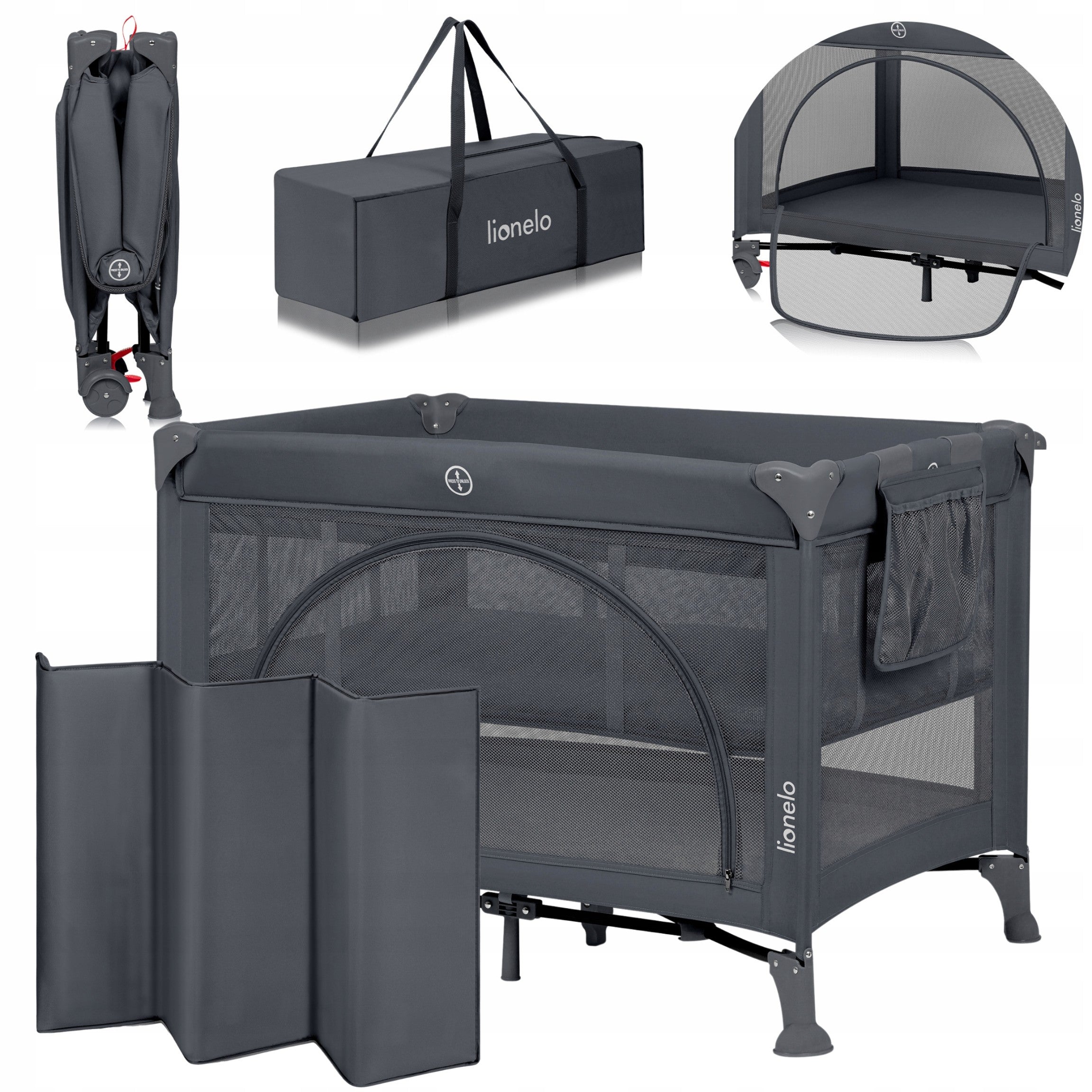 LIONELO Travel cot TWO-LEVEL playpen + bag LAURA GREY