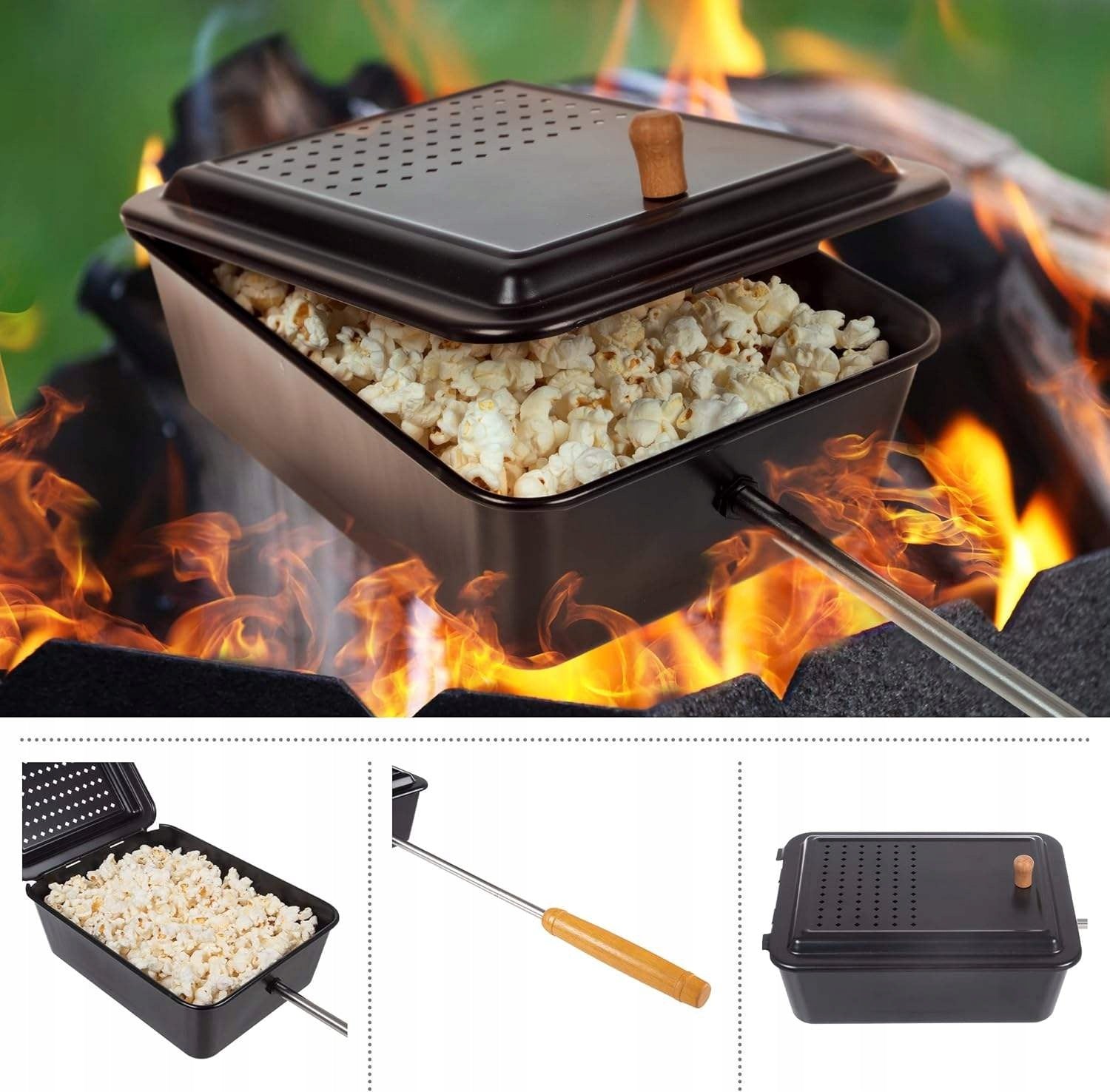 LONG HANDLE POPCORN POPPER POPCORN MAKING FOR BARBECUE, STOVE, CAMPFIRE Packaging status original