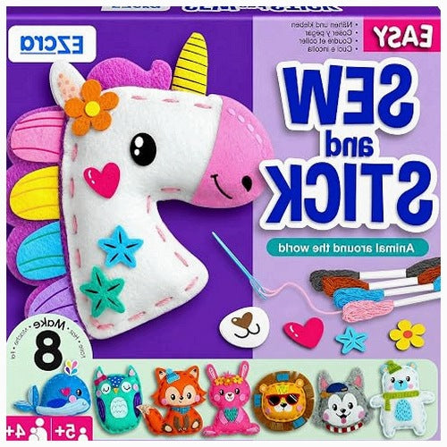 LONG SEWING KIT FOR KIDS 8 ANIMAL PROJECTS STICKERS AND TOOLS