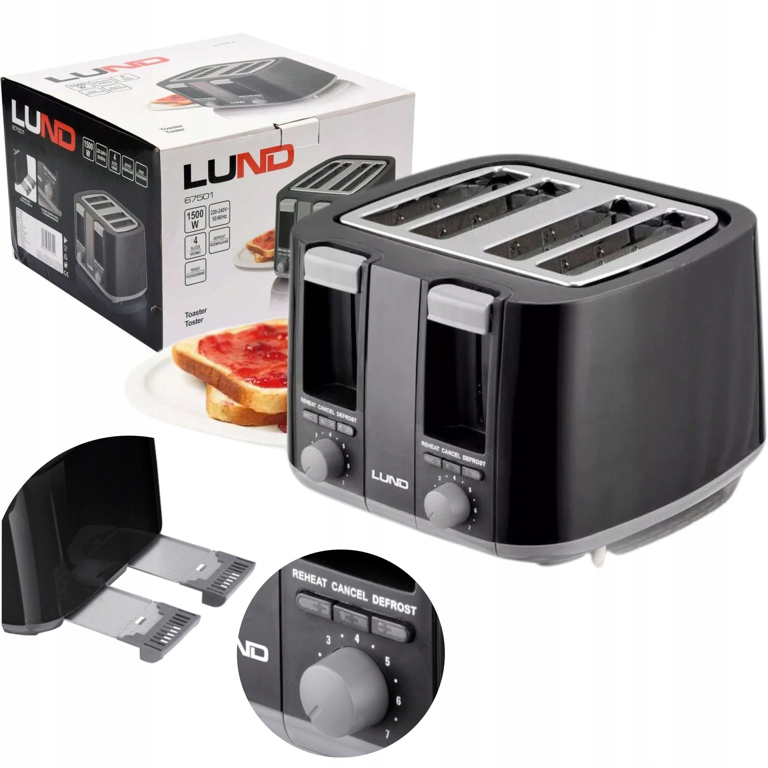 LUND TOASTER 1300-1500W BLACK 4 TOAST ADJUSTMENT