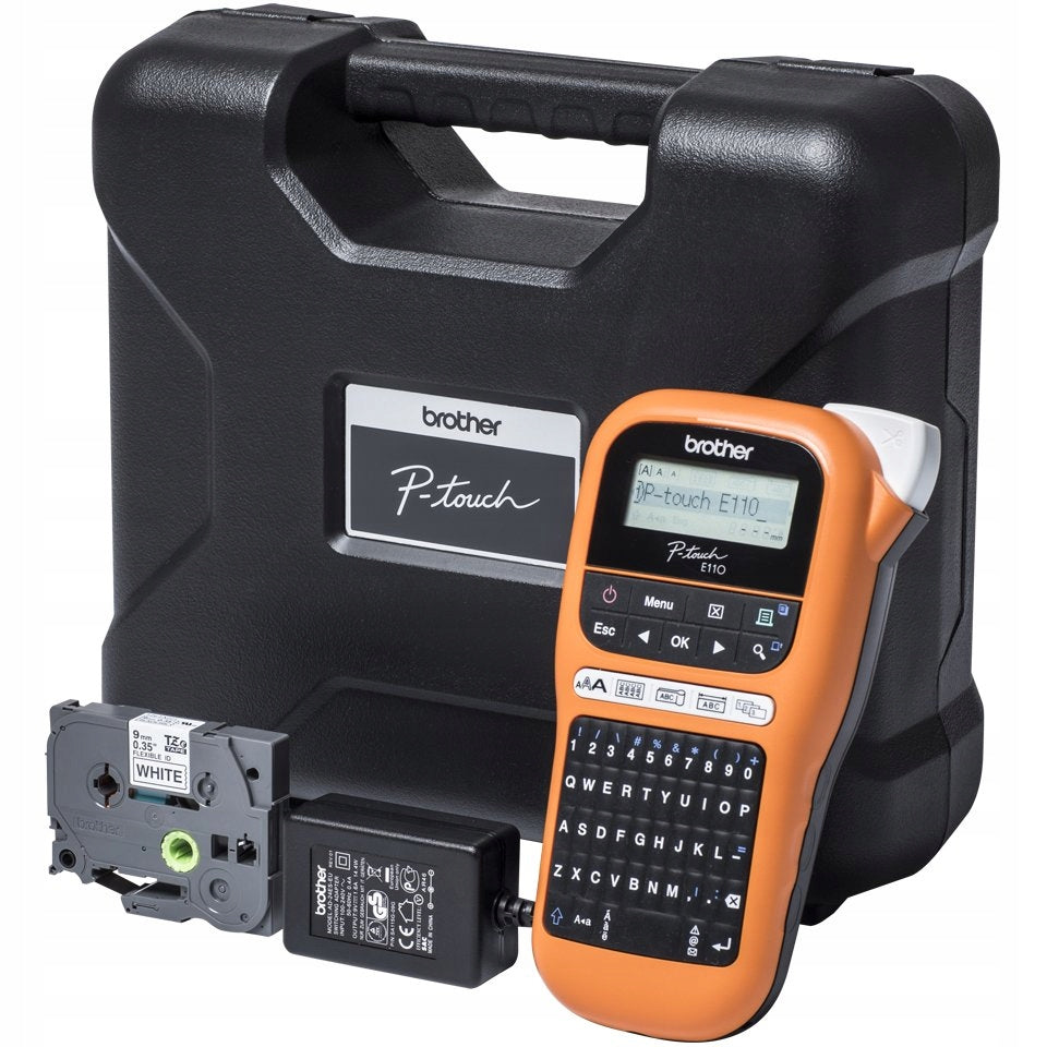 Label printer Brother PT-E110VP - PTE110 +TZe-FX221 + case + power supply