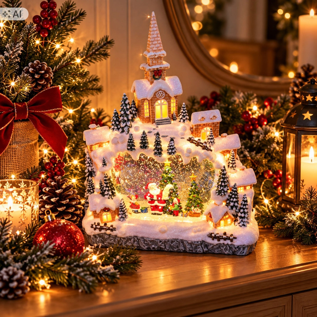 Lantern-snowball shaped TOWN with Santa Claus Packaging status original