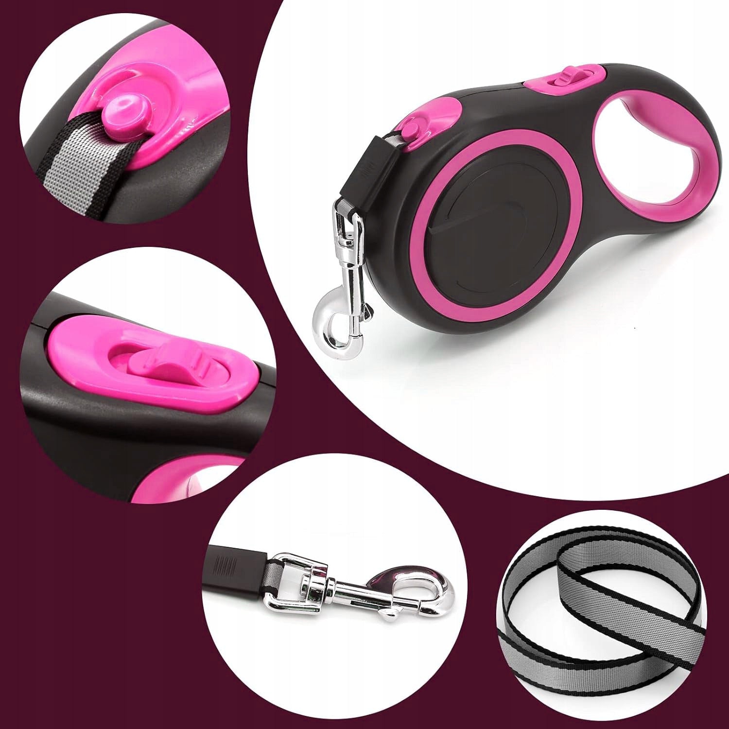 Lanyard AUTOMATIC for DOG STRONG TAPE WITH ROSE LOCK 8 m 50kg Manufacturer code SA8Mpink