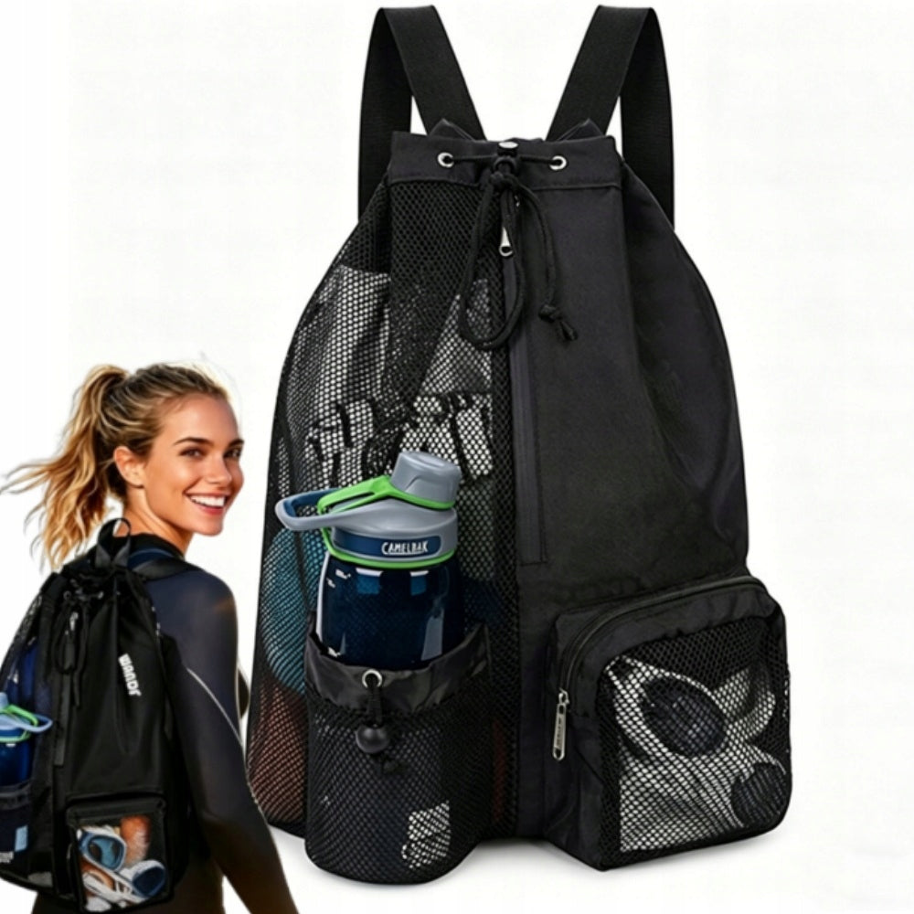 Large Capacity Portable Mesh Drawstring Swim Backpack Nylon Material Black