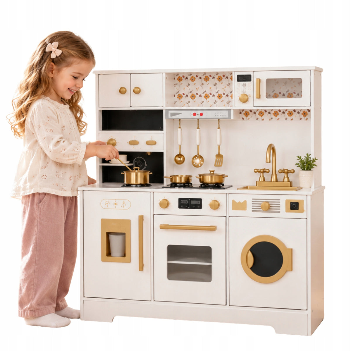 Large Children's Kitchen Wooden Light Sound Washing Machine 11 Accessories 93cm