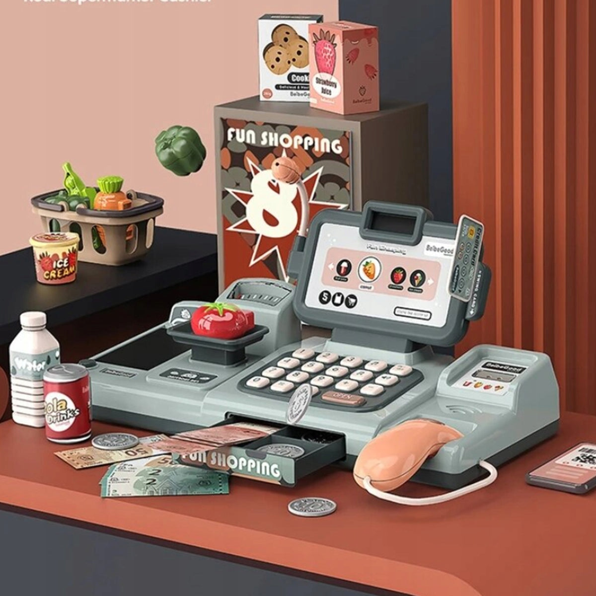 Large EDUCATIONAL LCD FISCAL SHOP CASH REGISTER FOR KIDS LIGHT & SOUND 24in1 Packaging status original