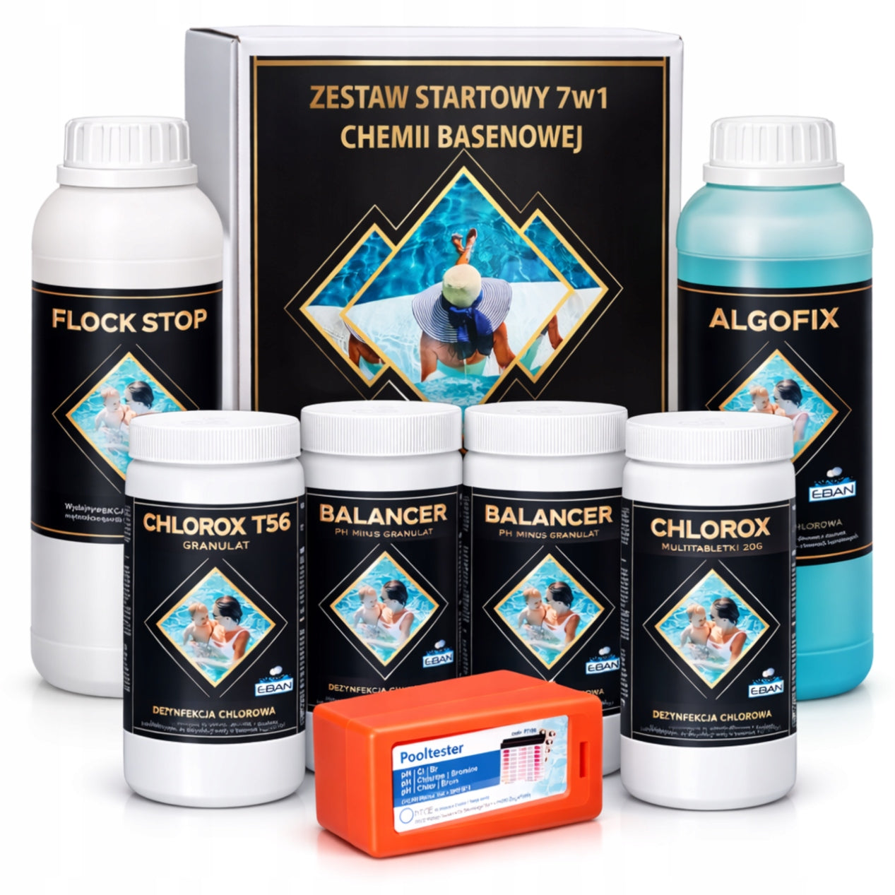 Large Pool Chemistry Starter Kit 7in1 Chlorine Coagulant Antialgae pH Brand EBAN