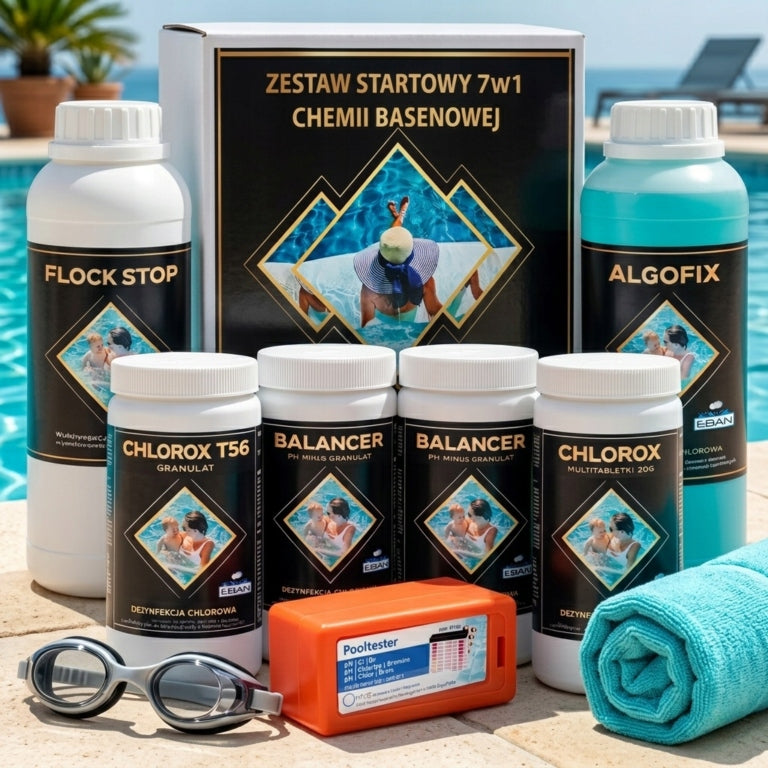 Large Pool Chemistry Starter Kit 7in1 Chlorine Coagulant Antialgae pH Manufacturer code ZESTAW 7w1