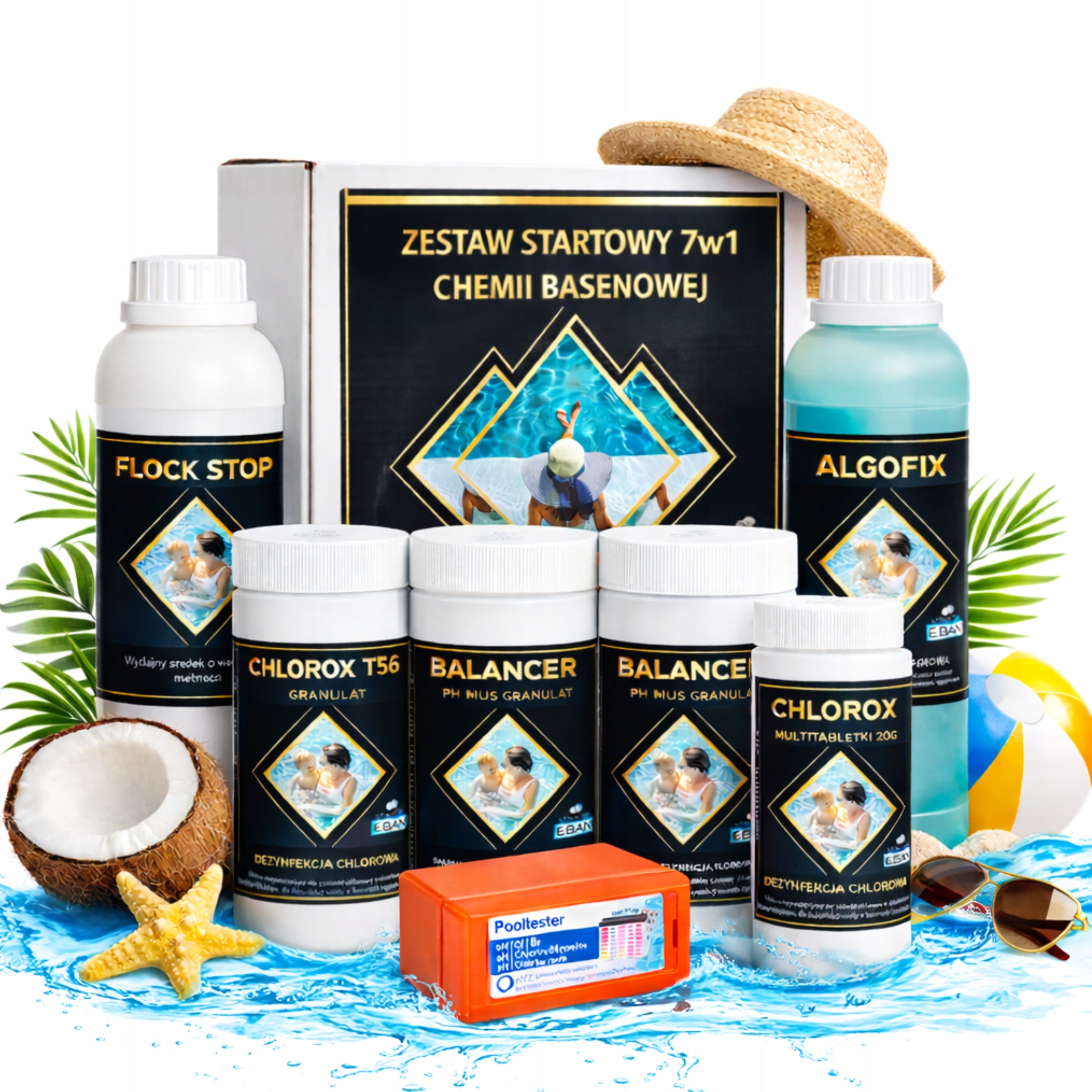 Large Pool Chemistry Starter Kit 7in1 Chlorine Coagulant Antialgae pH