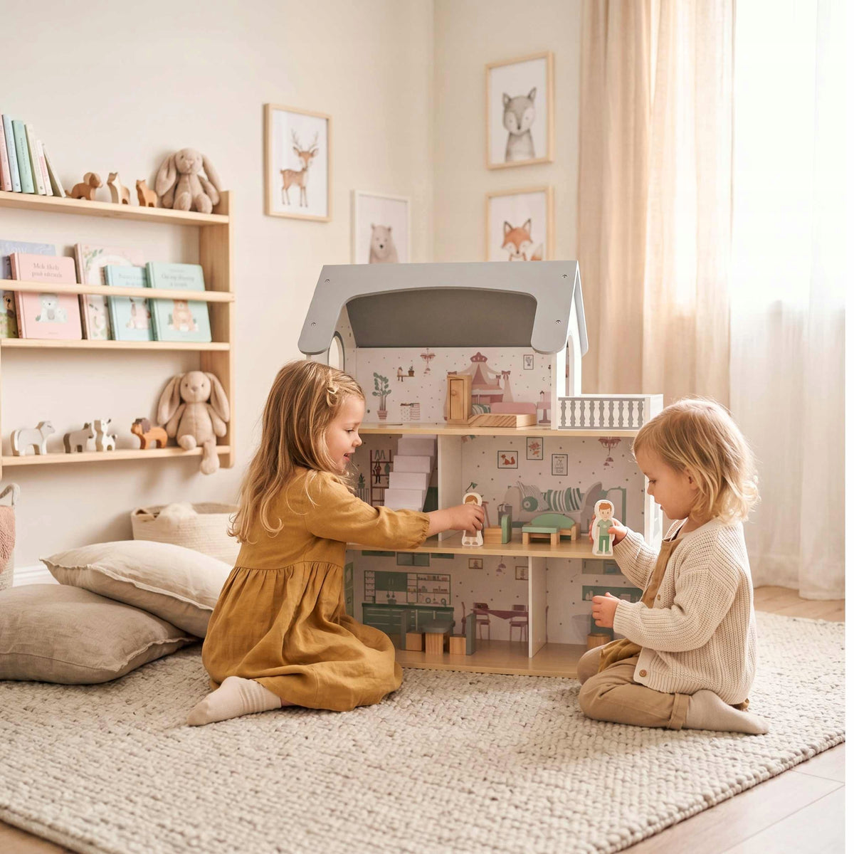 Large Wooden Dollhouse with Terrace LED Light +11x Furniture +2xFigures Kid's age 2＋ years