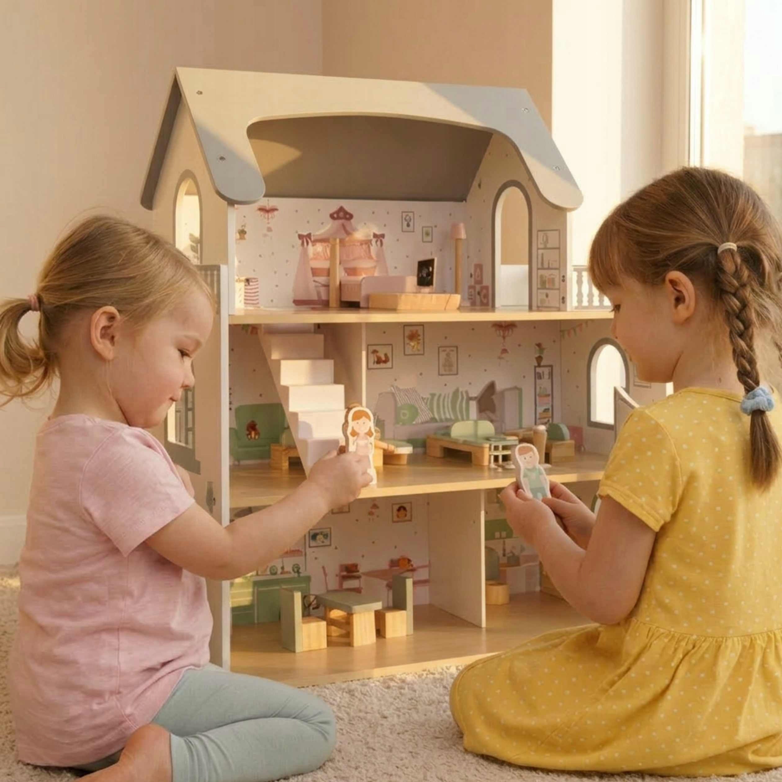 Large Wooden Dollhouse with Terrace LED Light +11x Furniture +2xFigures Packaging status original