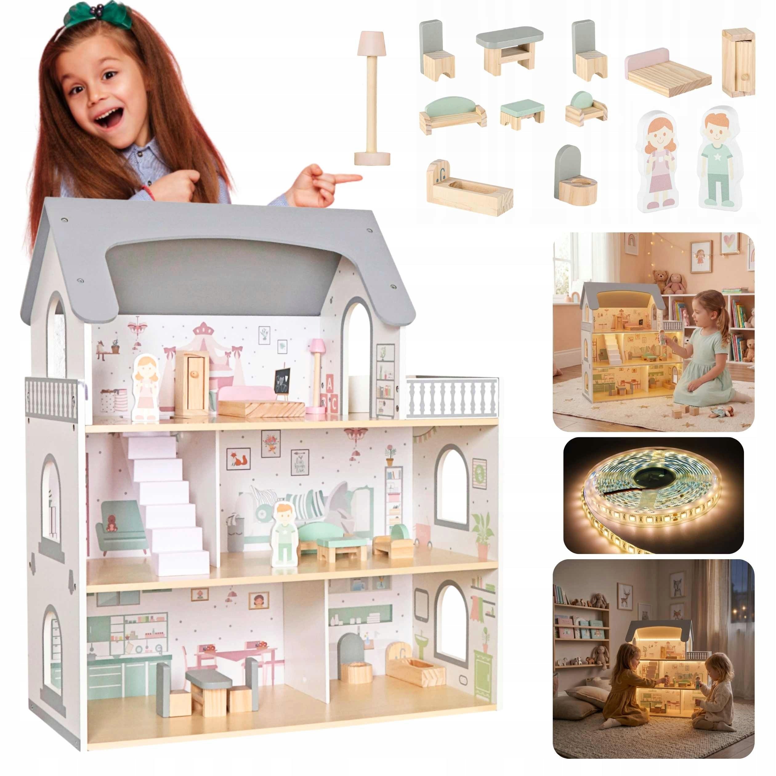 Large Wooden Dollhouse with Terrace LED Light +11x Furniture +2xFigures