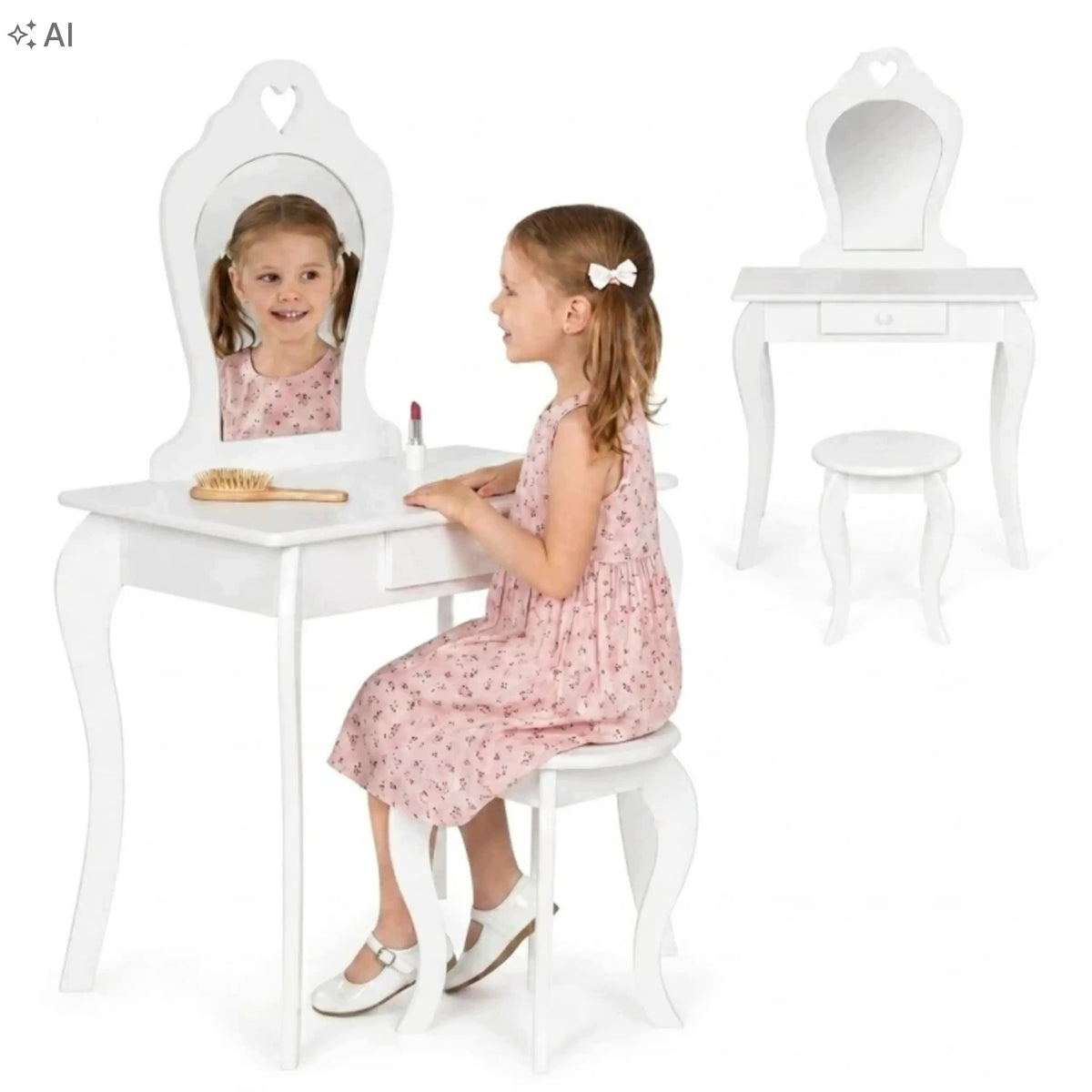 Large Wooden Dressing Table For Girl With Mirror Drawer Stool White