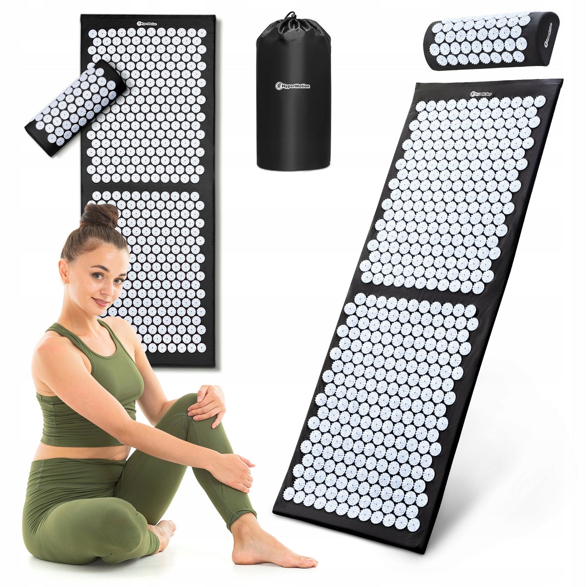 Large acupressure mat with pillow cover 130cm HyperMotion black and white