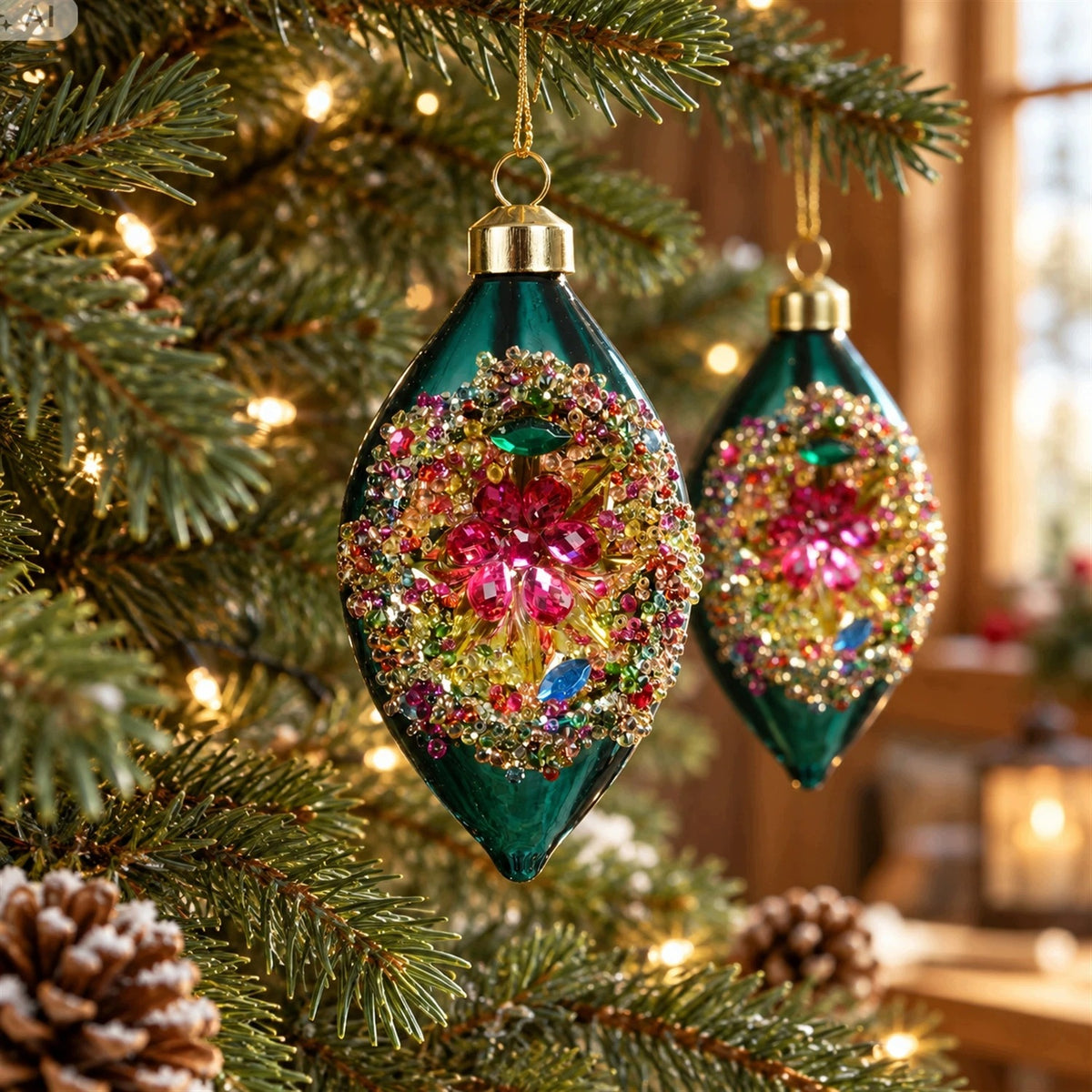 Large baubles PRL glass icicles green with reflector 12 cm 2 pcs. for Christmas tree Brand Kaemingk