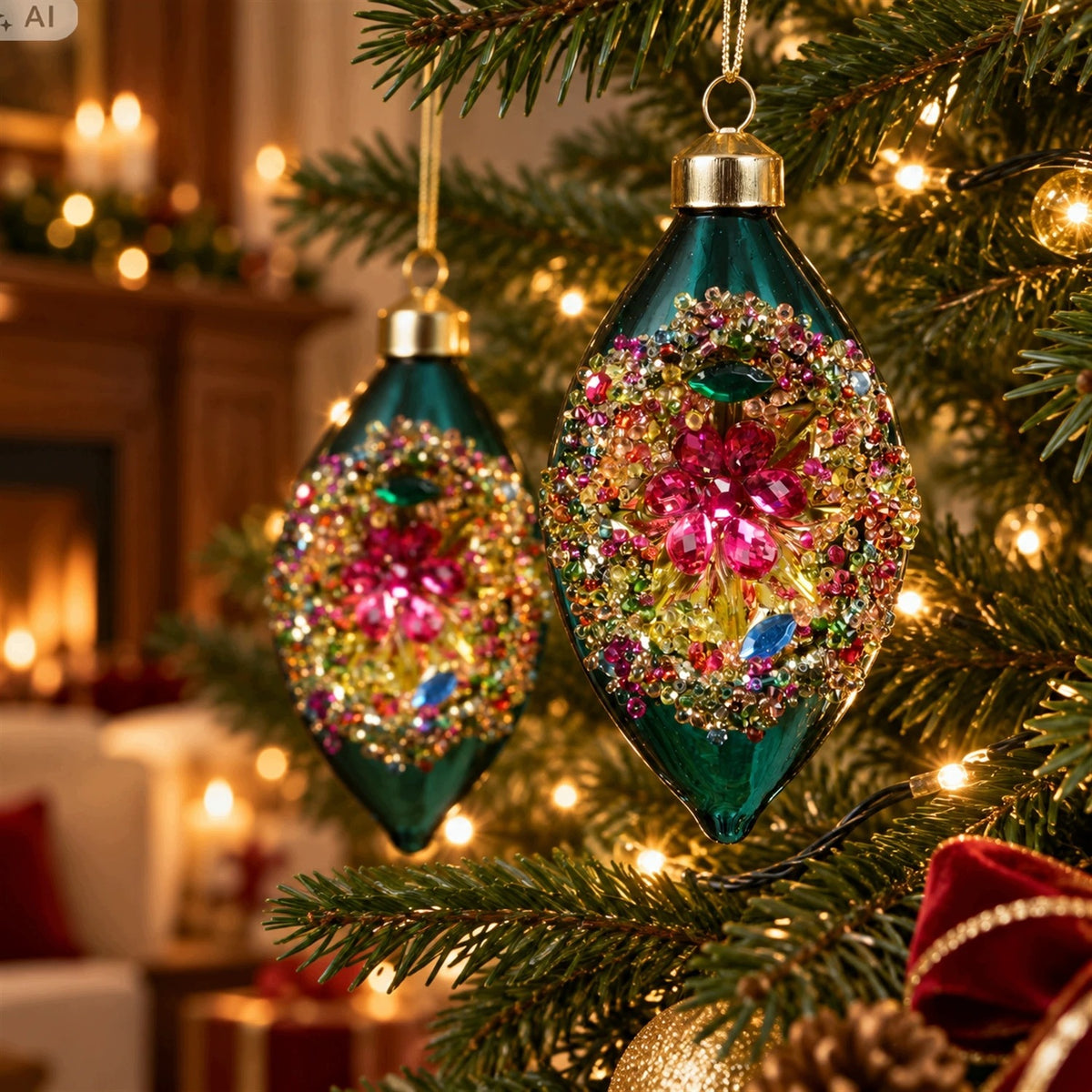 Large baubles PRL glass icicles green with reflector 12 cm 2 pcs. for Christmas tree Packaging status original