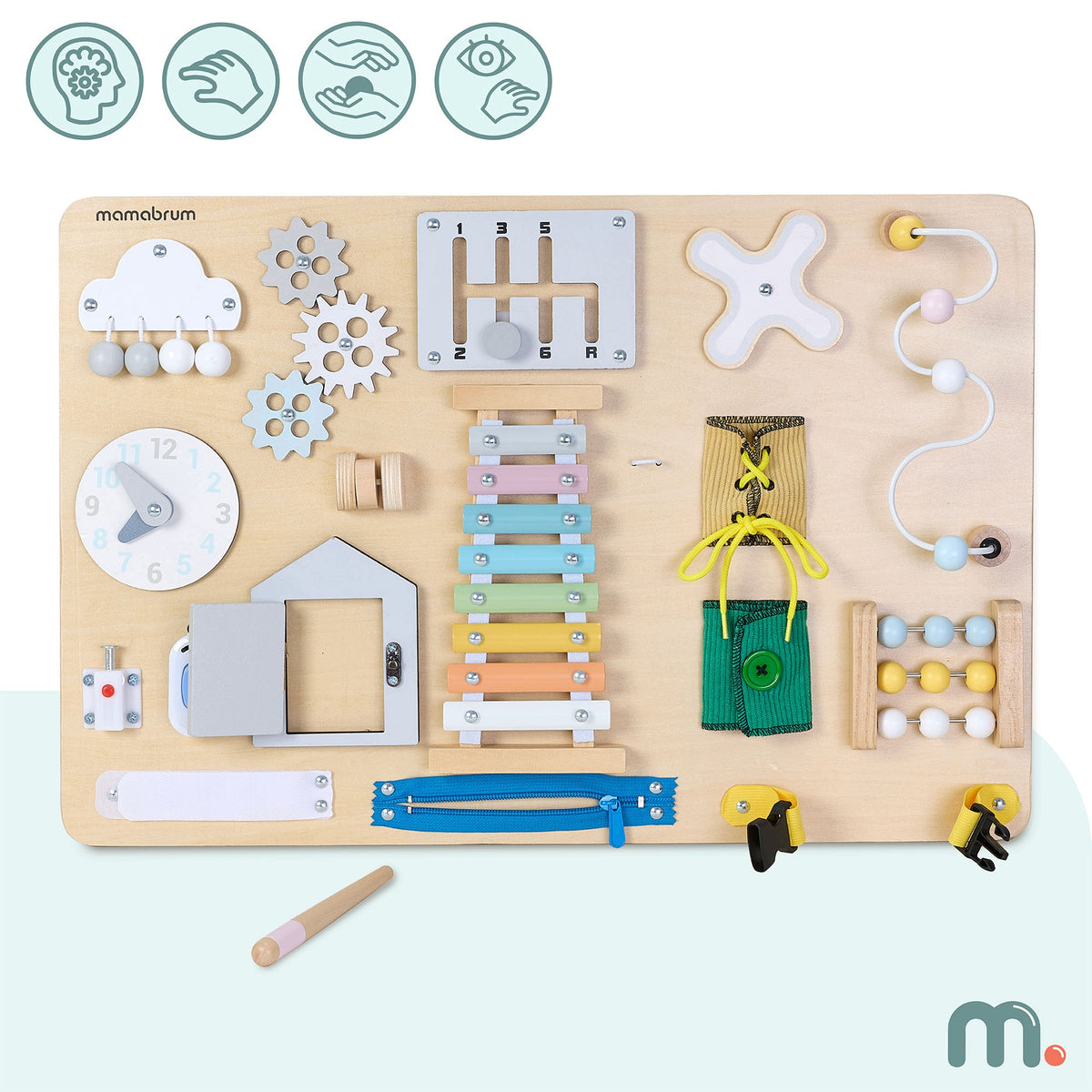 Large manipulation board Mamabrum – cymbals, gear panel and 17 elements Manufacturer code MAM380 BUSY BOARD