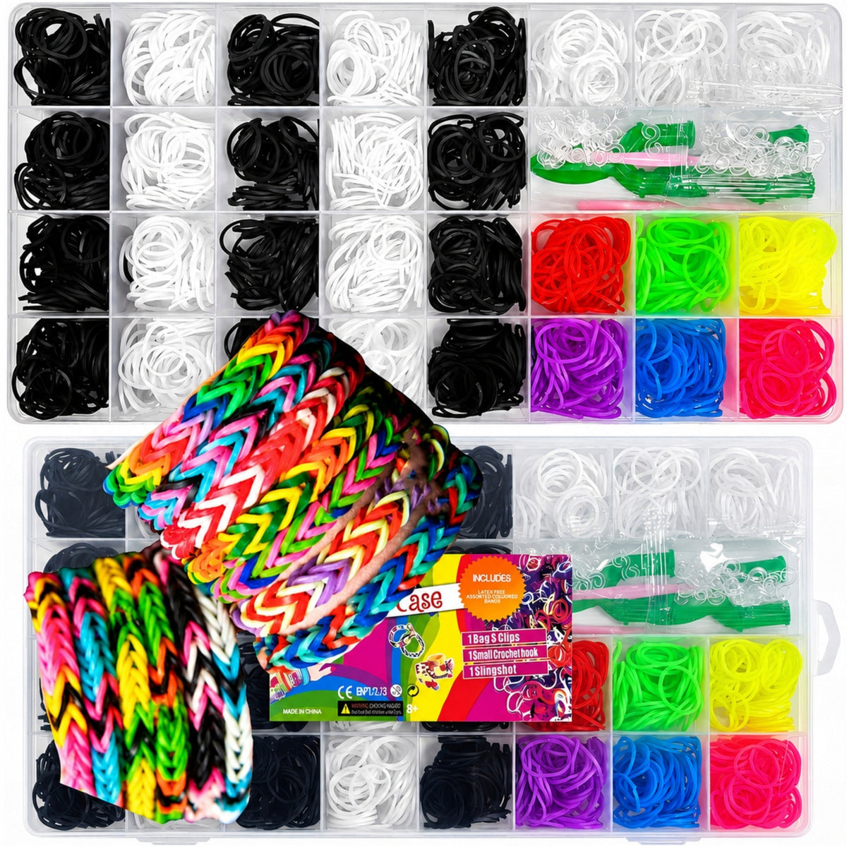 Large set for making bracelets with rubber bands div BLACK WHITE COLORFUL