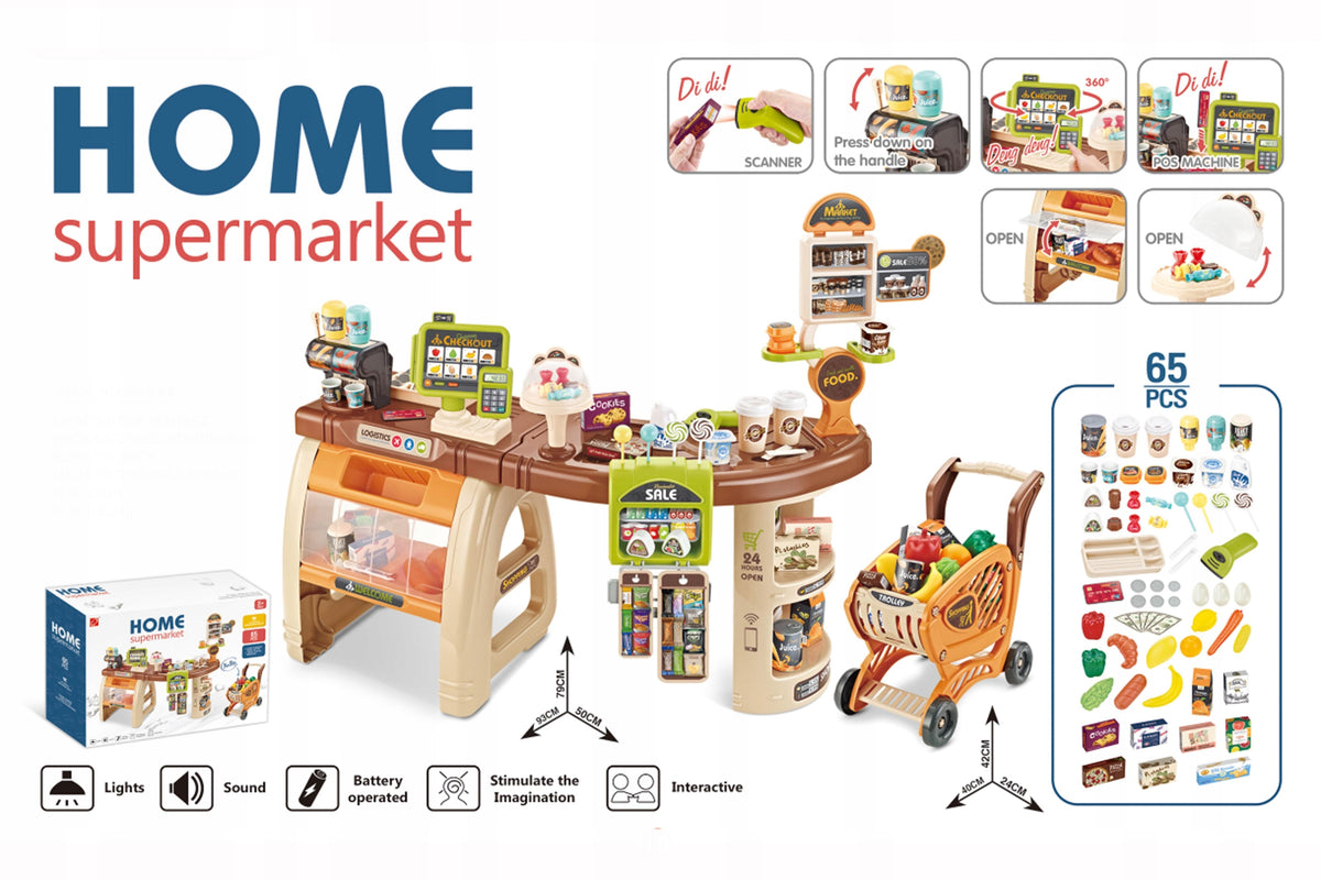 Large supermarket 65 elements shopping cart cash register scanner sounds of light Manufacturer code zabawka sklep z kasą wózkiem 65 elementów
