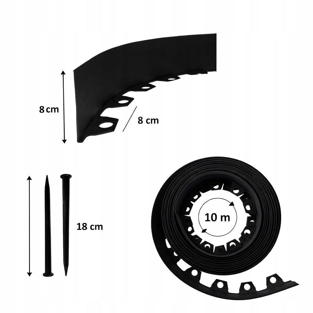Lawn GARDEN EDGING 10m Black 8cm Plastic Strong High Length 1000 cm