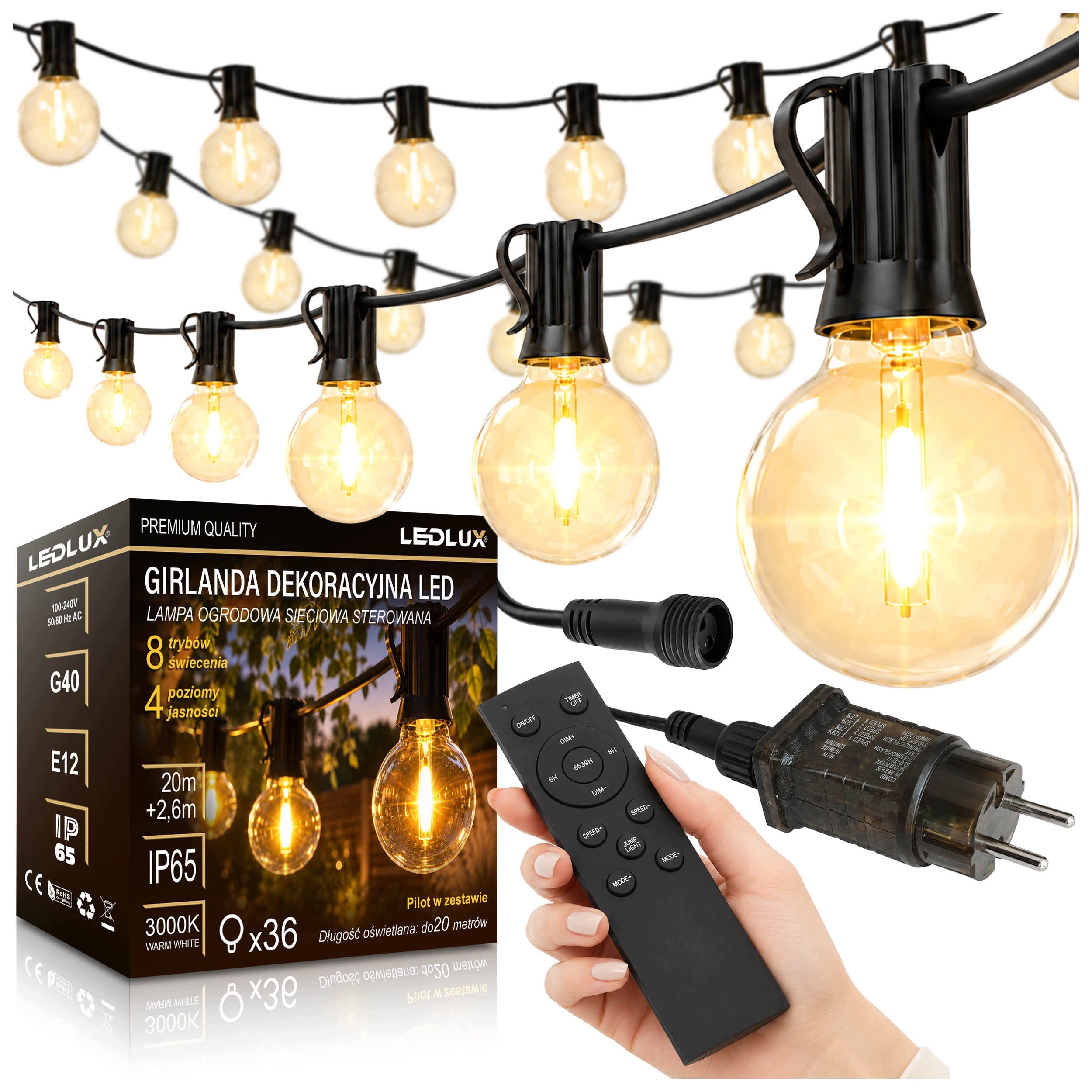 Light garden garland 20m 36x LED mains bulb Pilot +Freebie 2xE12