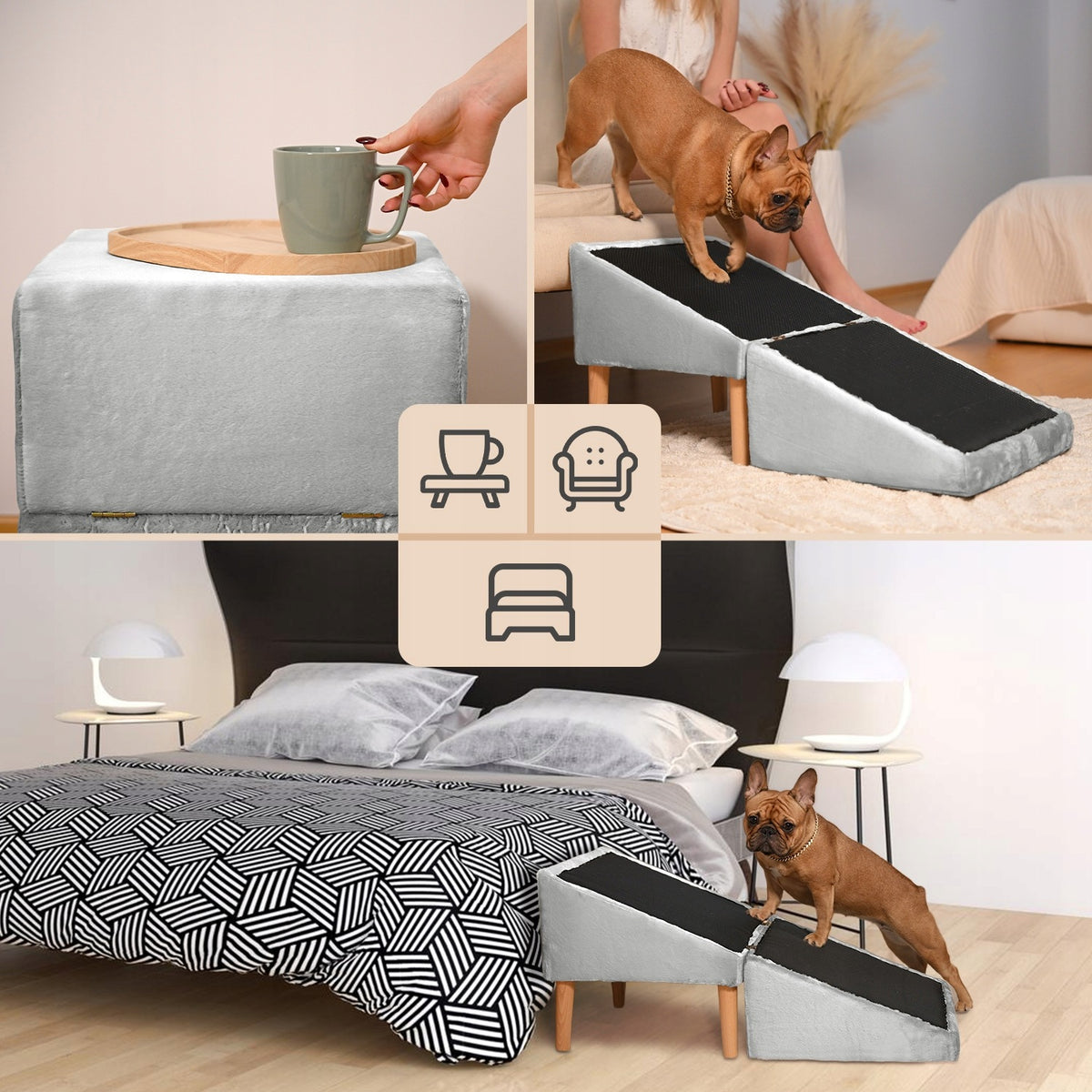 Light grey stairs for dog, cat 2in1 - folding ramp, pouf, platform Packaging status original