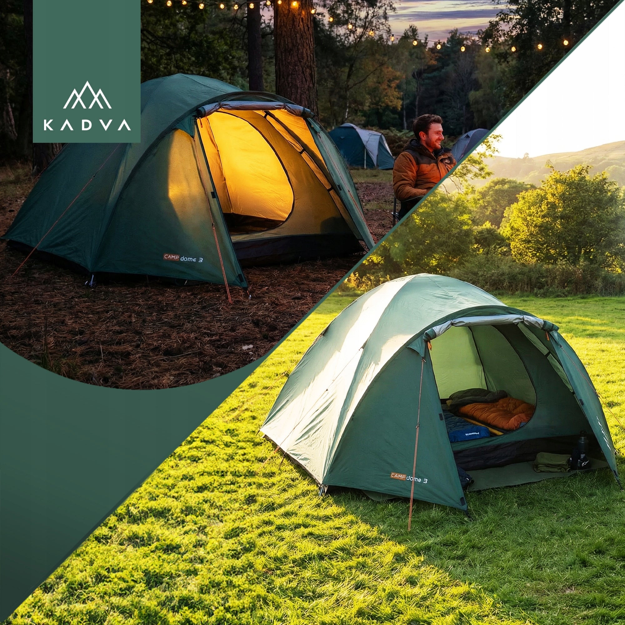 Lightweight camping tent for 3 persons KADVA CAMPdome 3 HIKING WATERPROOF Color green