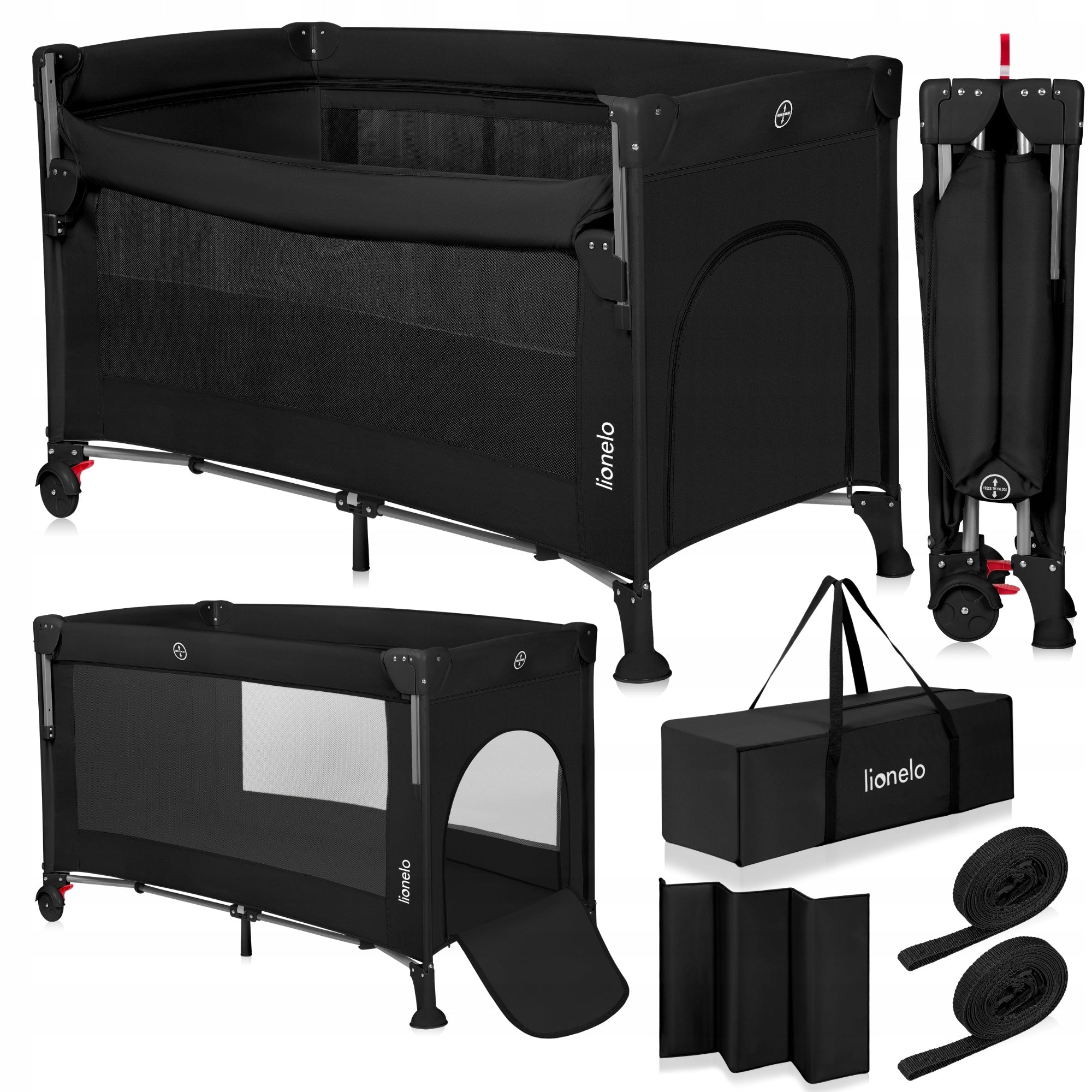 Lionelo 3in1 Ellen Black Carbon Two-Tier Cot + Bag