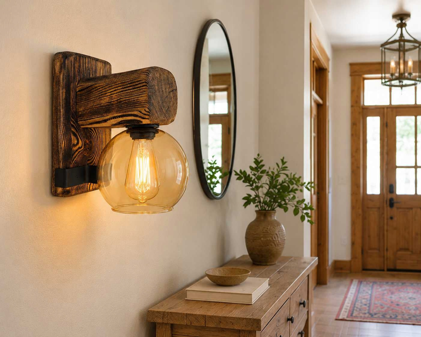 Loft Wall Lamp in Wood Glass and Metal RusticBeam Glass Handmade Packaging status original
