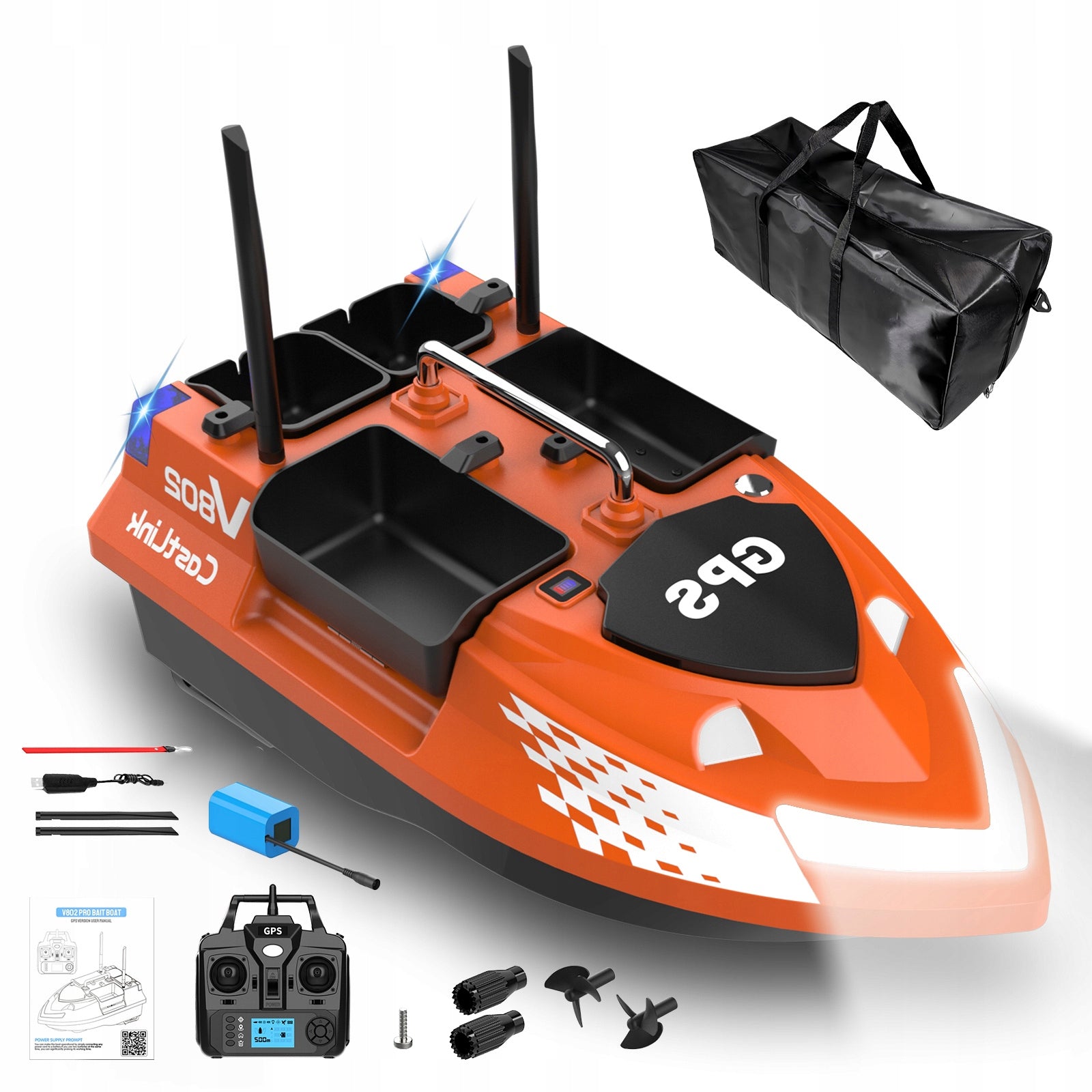 Lokeevan V802 Pro Bait boat GPS 4 tanks 160 points 500m orange +HandBag