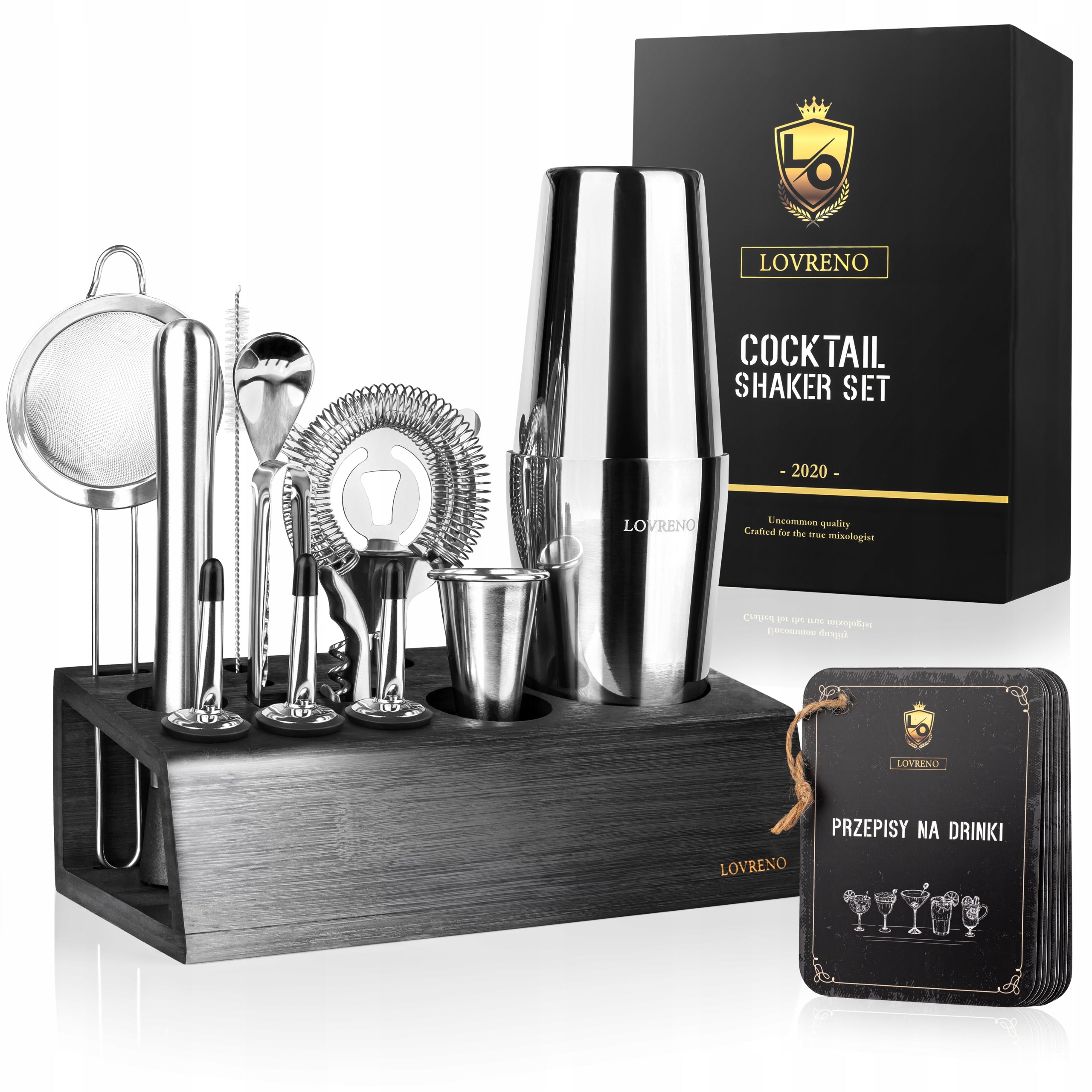 Lovreno Bartending Set 15el Boston Shaker Bamboo Stand Gift
